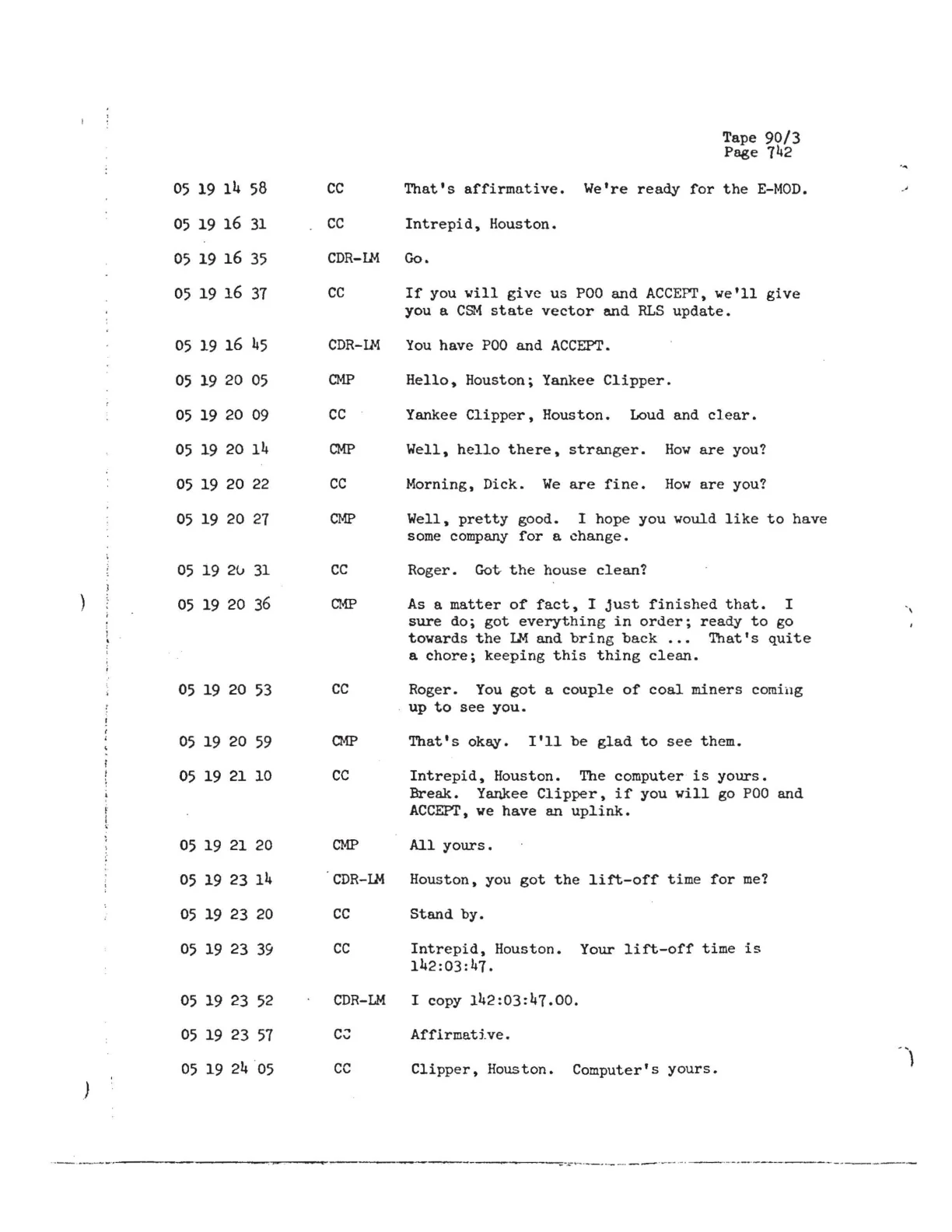 Transkrypcja Apollo 12 - strona 742: poranne powitanie Gordona