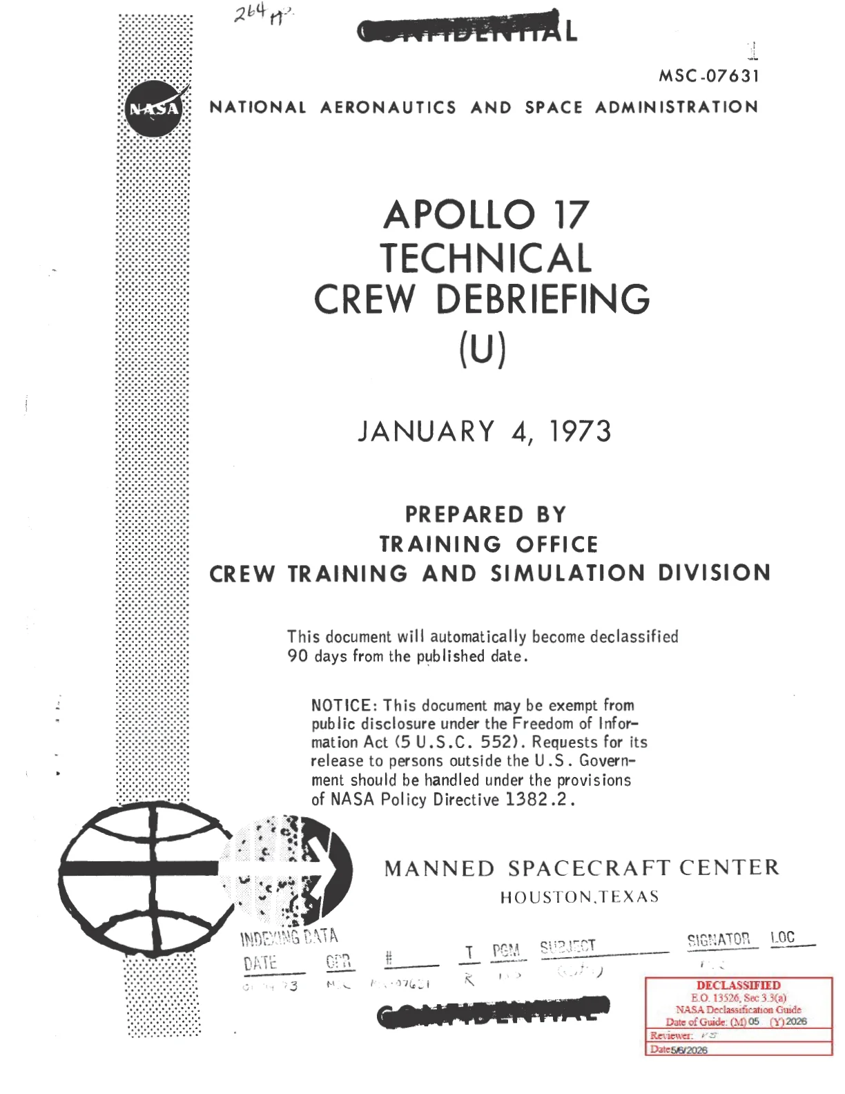 Okładka debriefingu technicznego Apollo 17 - CONFIDENTIAL