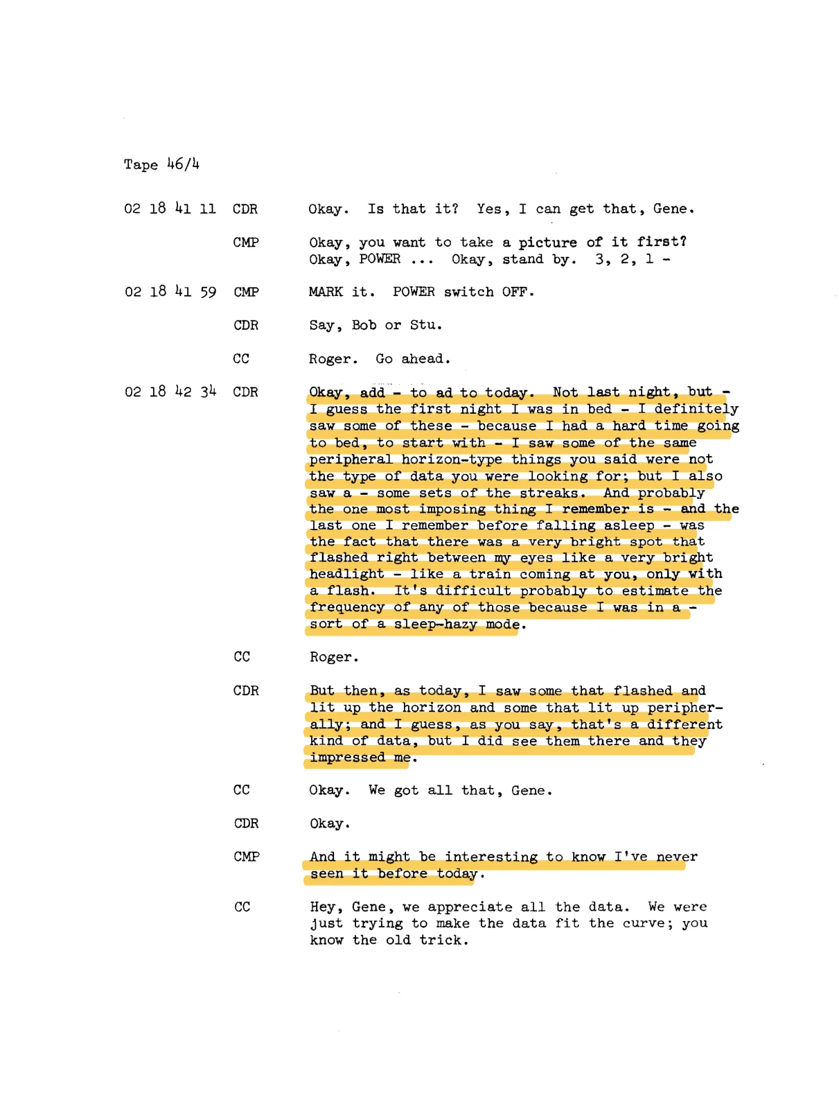 Transkrypcja Apollo 17 - Tape 46/4: Cernan widzi błyski świetlne