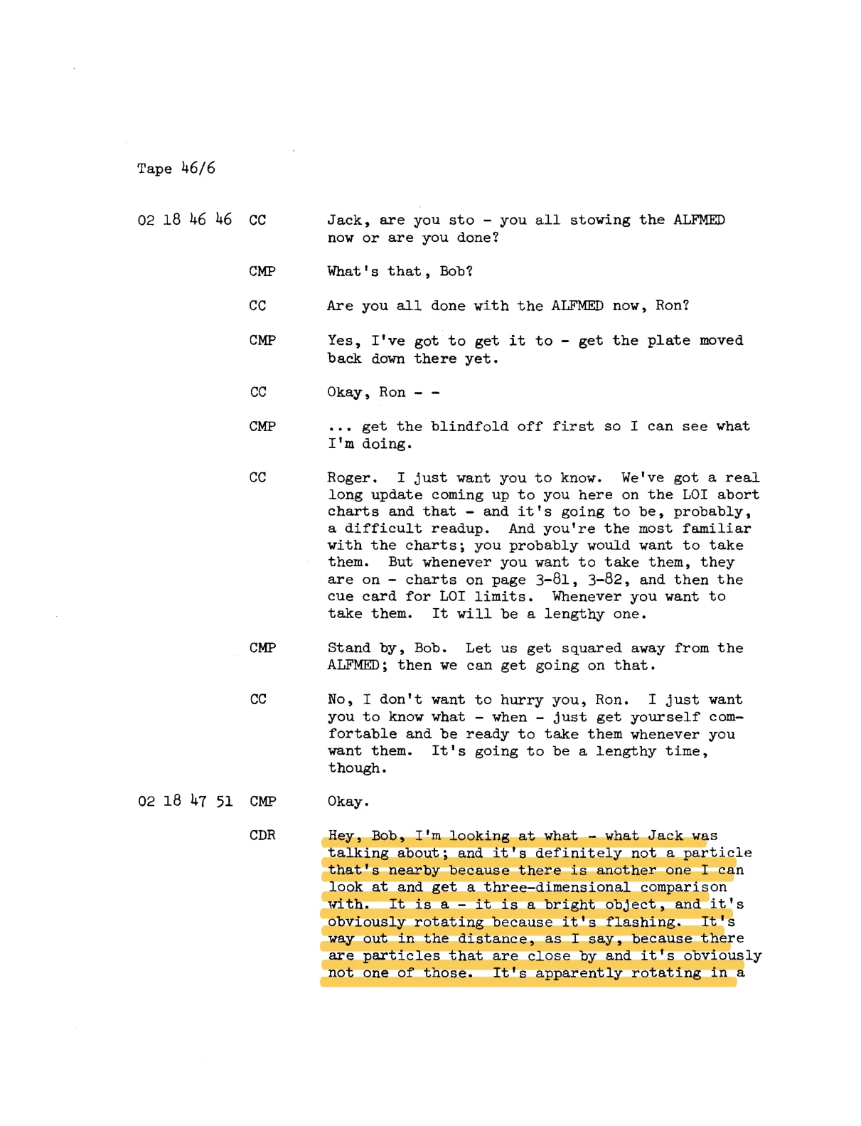 Transkrypcja Apollo 17 - Tape 46/6: Cernan raportuje obracający się obiekt