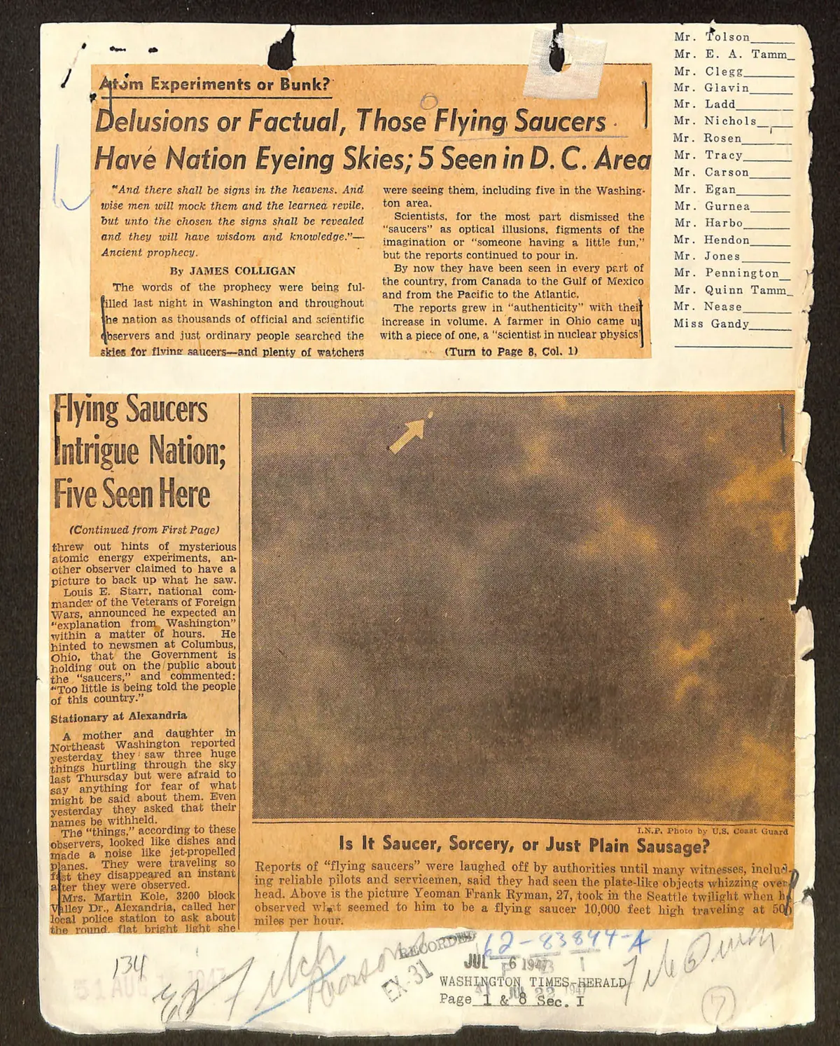 Wycinek Washington Times-Herald z 1947 - artykuł o latających talerzach z fotografią