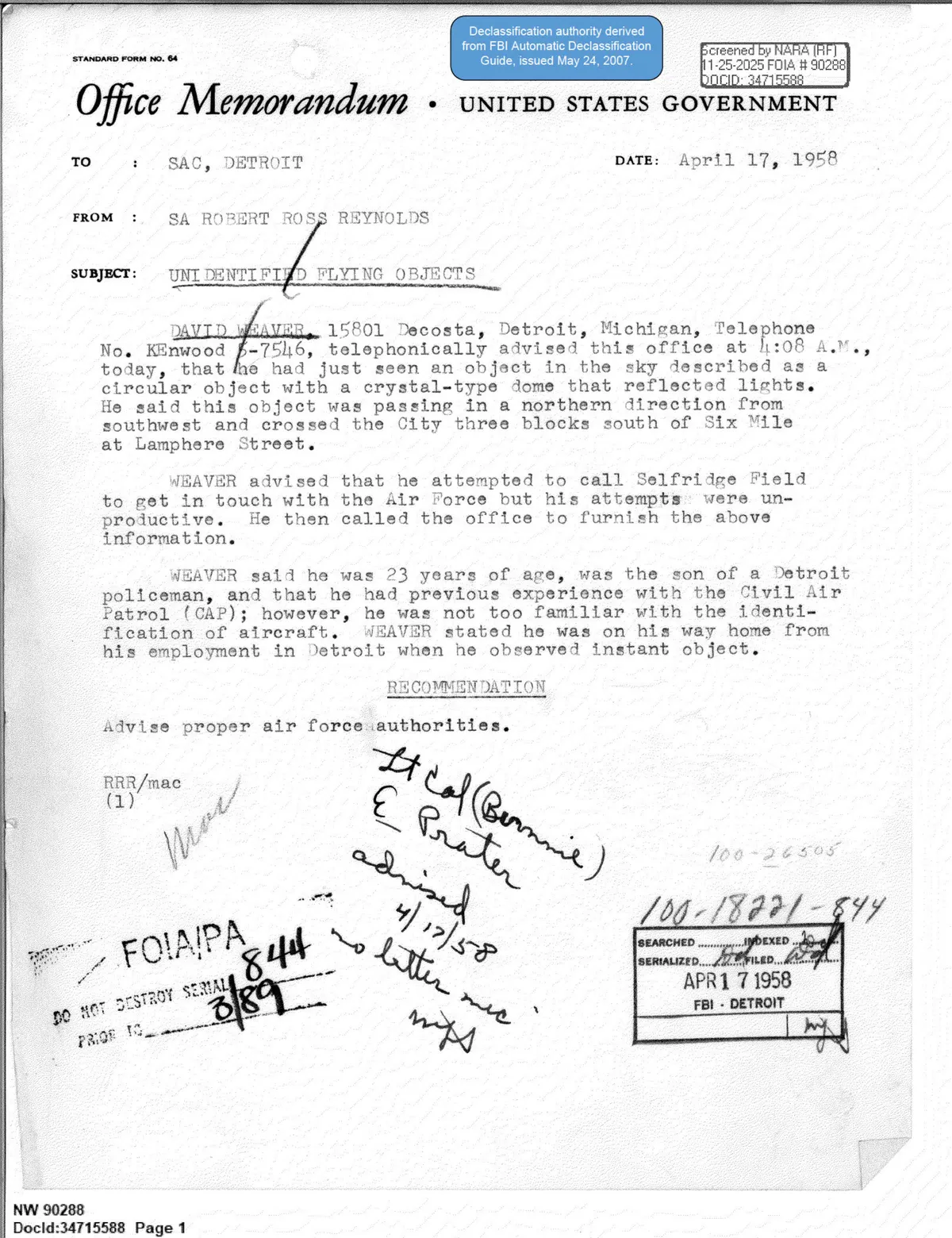 Memorandum FBI z Detroit z 17 kwietnia 1958