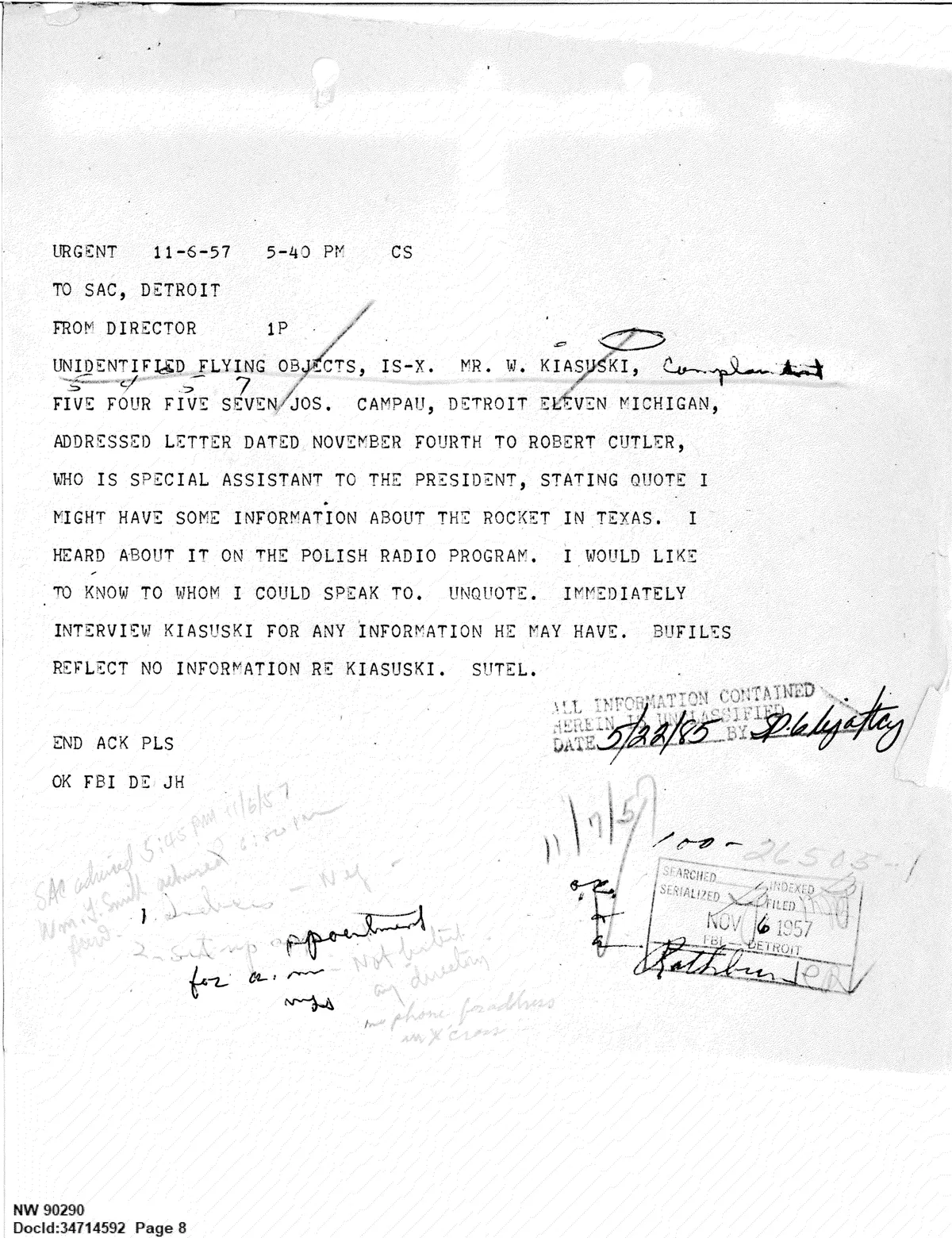 Teleks FBI URGENT z 6 listopada 1957 - polecenie natychmiastowego przesłuchania Krasuskiego