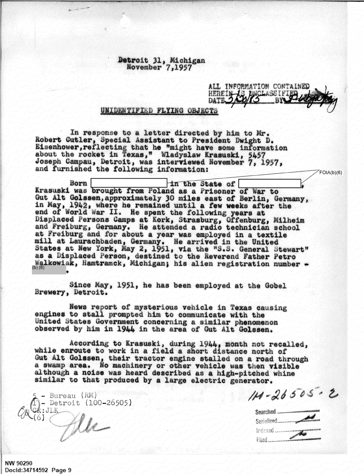 Raport FBI o Władysławie Krasuskim - polski jeniec wojenny, obserwacja UFO w Niemczech 1944