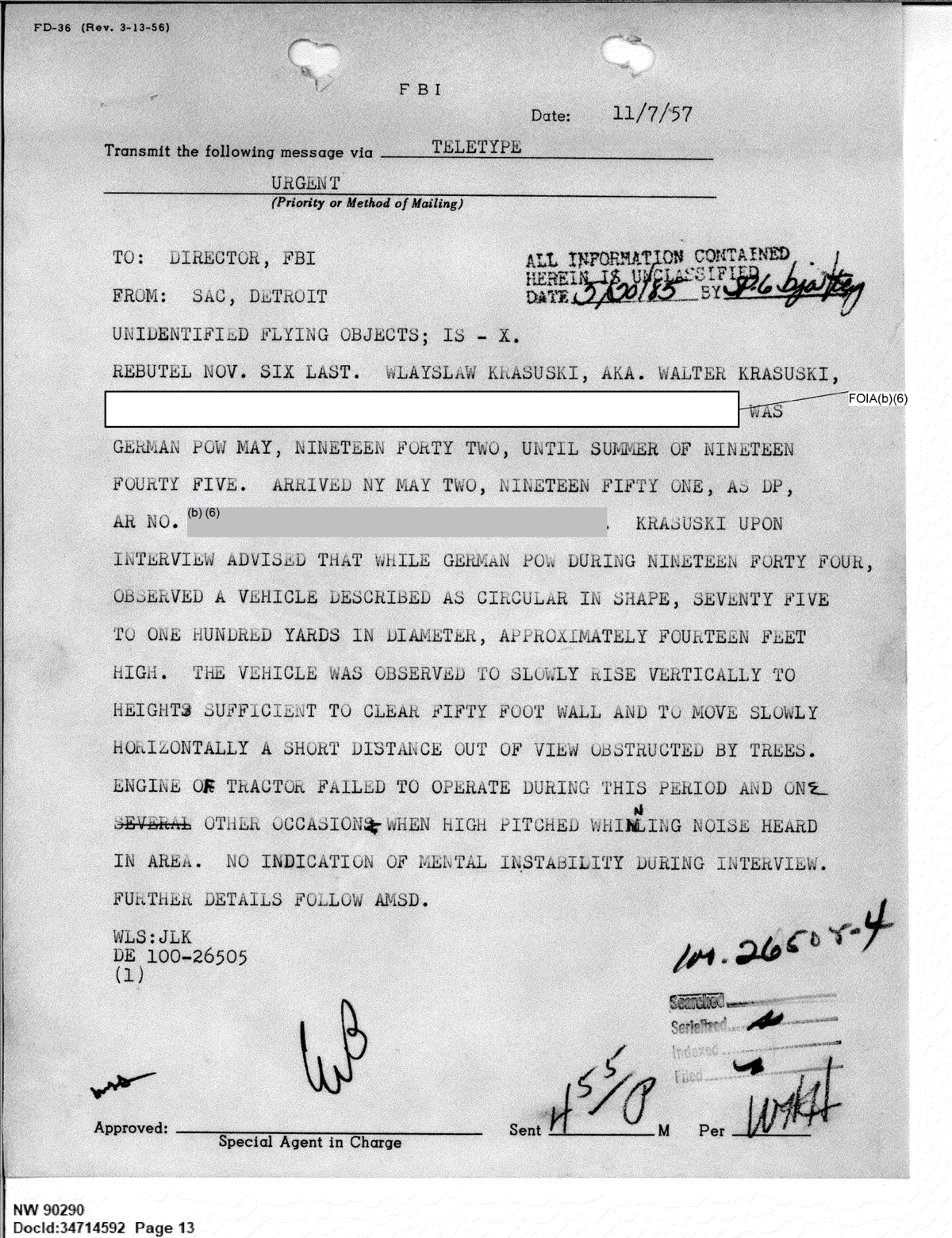 Teleks URGENT FBI z Detroit - Władysław Krasuski raportuje okrągły obiekt 75-100 jardów średnicy w Niemczech 1944