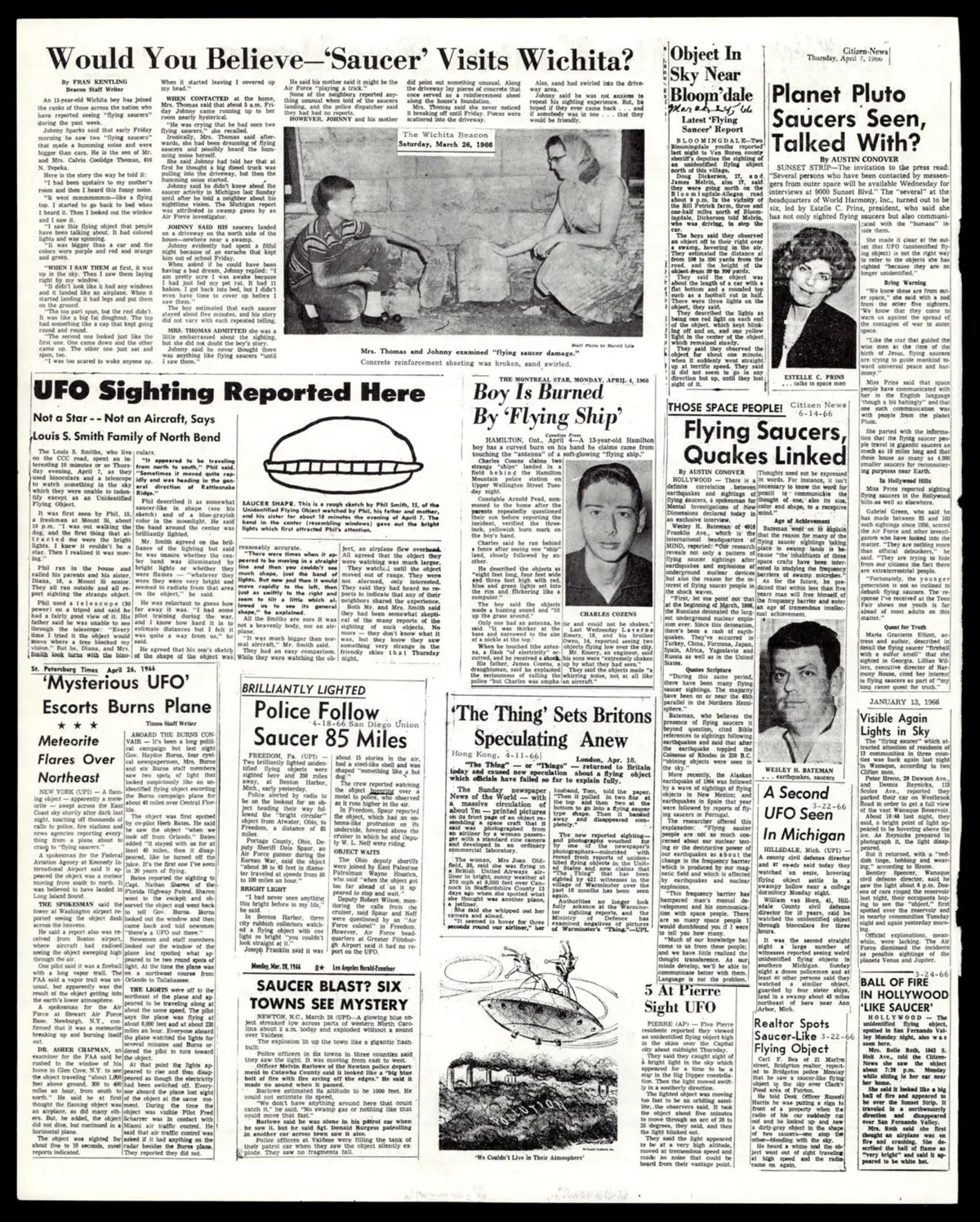 Kolaż wycinków prasowych o UFO z akt FBI - dziesiątki artykułów z lat 1947-1966