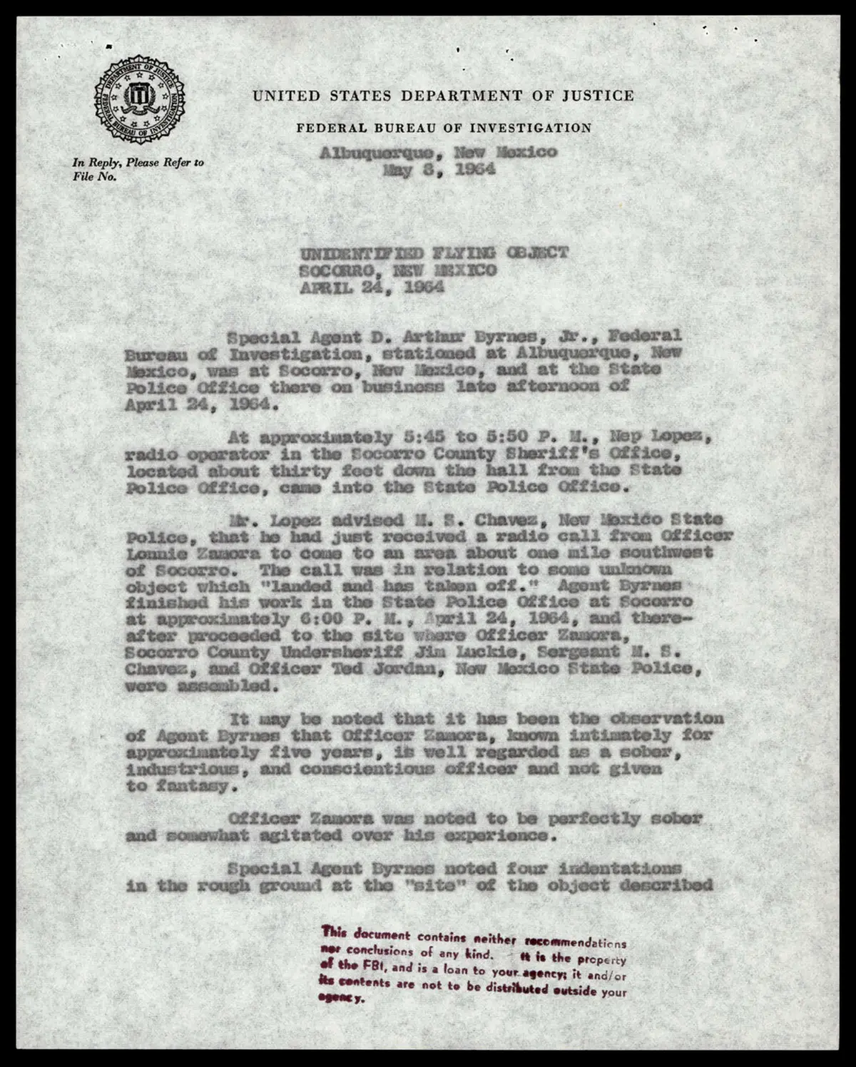 Raport FBI agenta D. Arthura Byrnesa o incydencie w Socorro z 24 kwietnia 1964 - nagłówek dokumentu