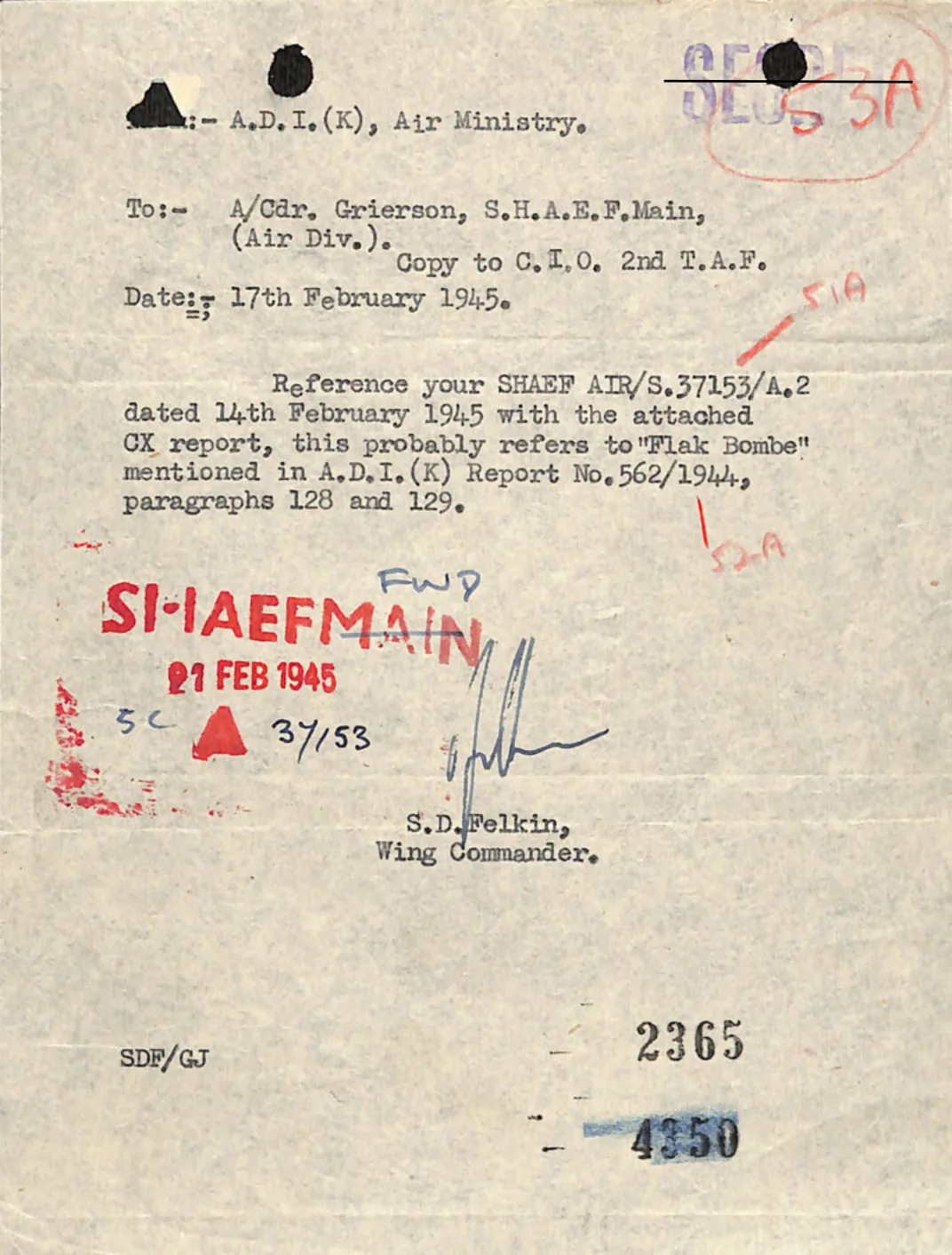 List Wing Commandera Felkina z A.D.I.(K) Air Ministry - hipoteza Flak Bombe, 17 lutego 1945