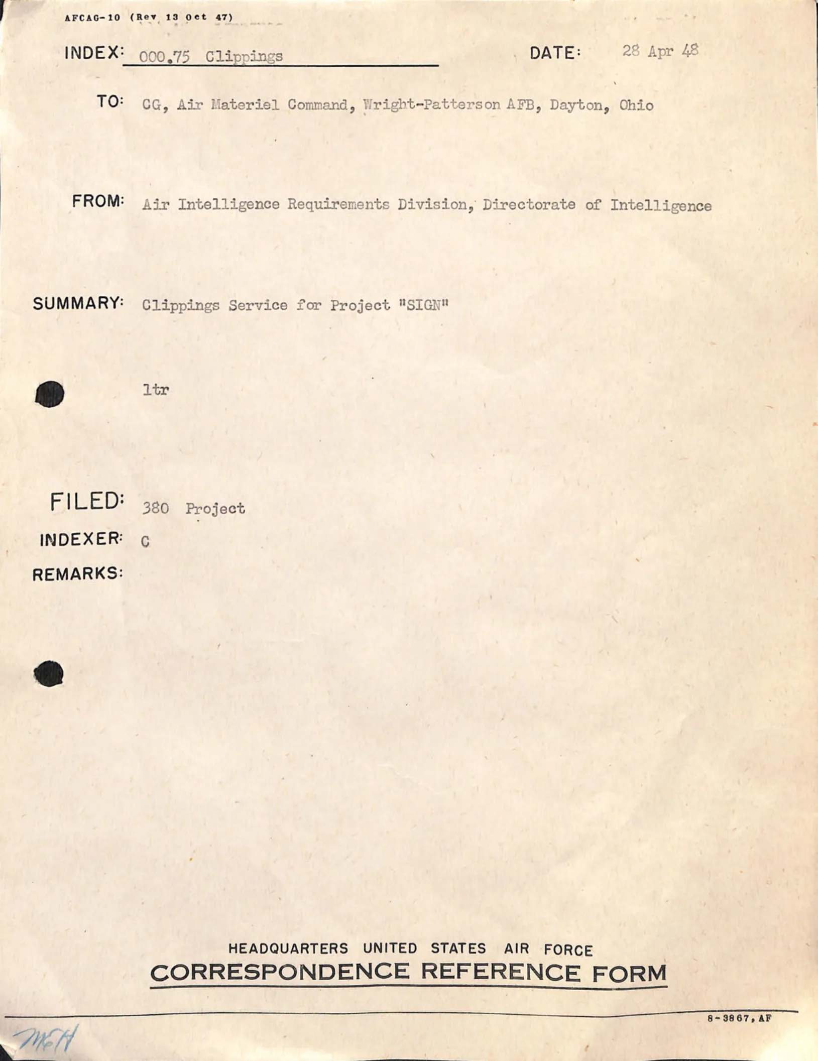 Formularz korespondencji - Clippings Service for Project SIGN, kwiecień 1948