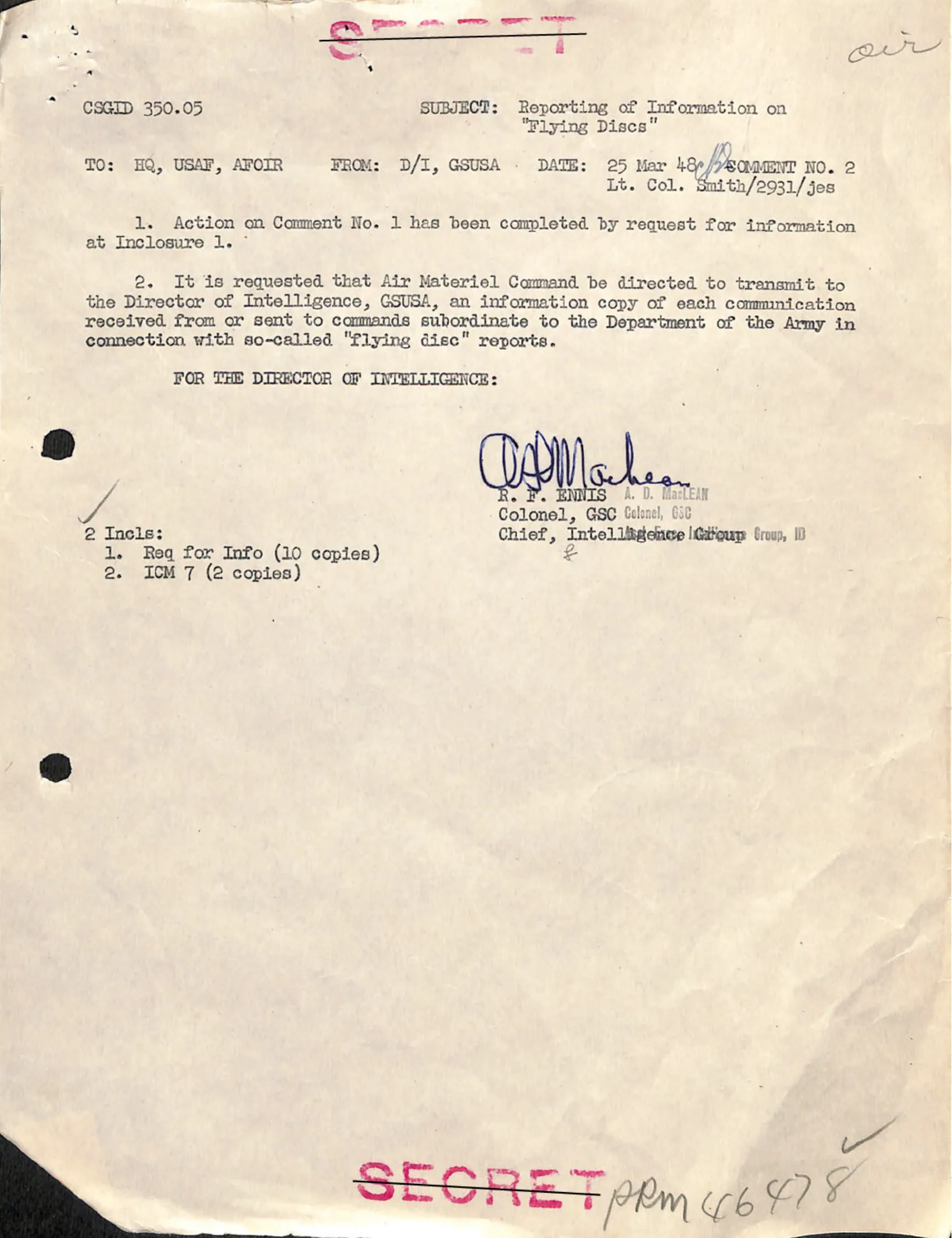Polecenie Dyrektora Wywiadu Armii - żądanie kopii wszystkich komunikatów o latających dyskach, marzec 1948