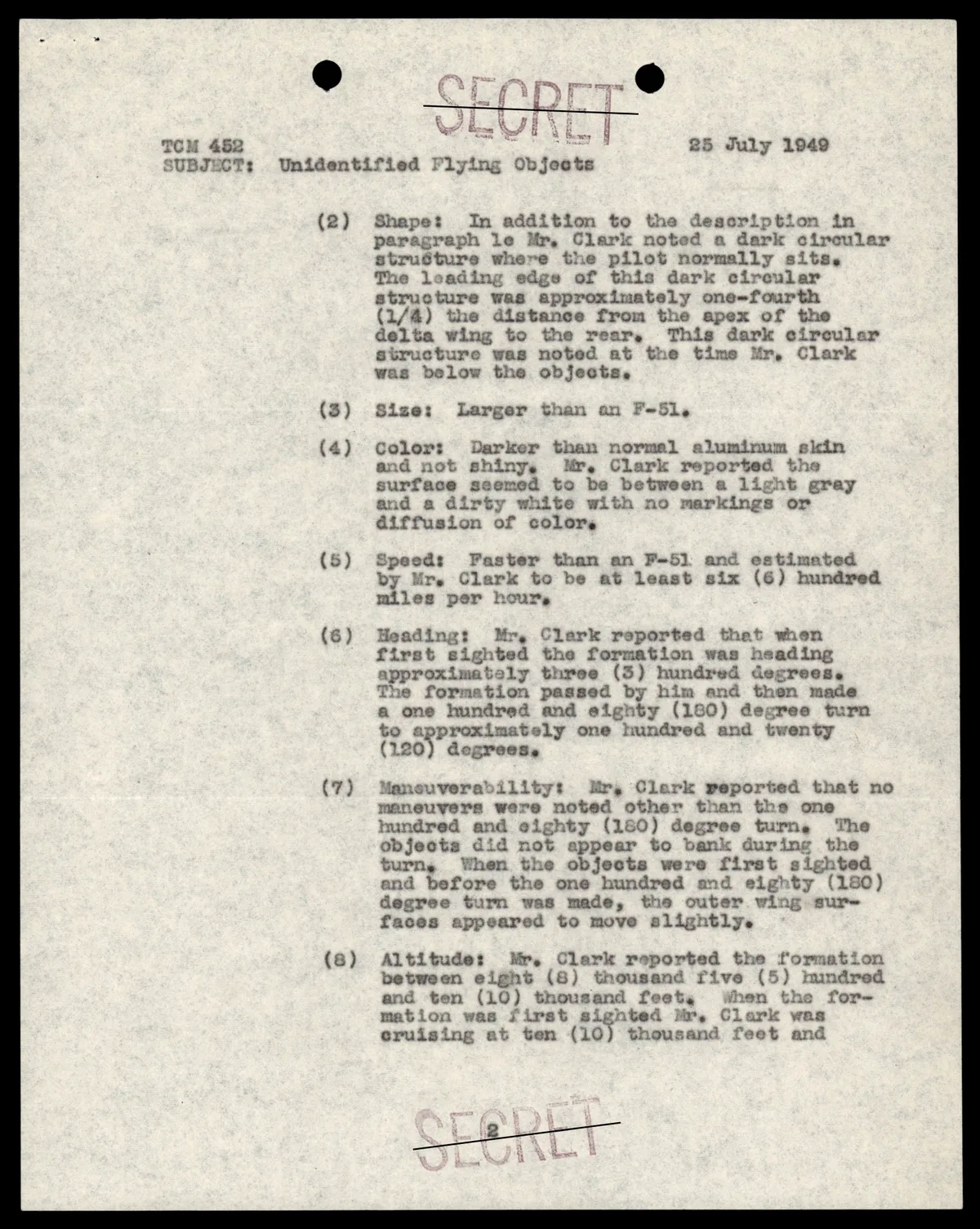 Raport SECRET o 7 obiektach delta w formacji V nad Idaho, 600 mil/h, lipiec 1949