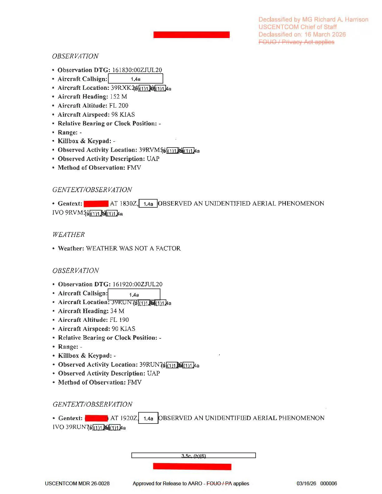 Raport D65 - trzy obserwacje UAP podczas jednej misji, lipiec 2020