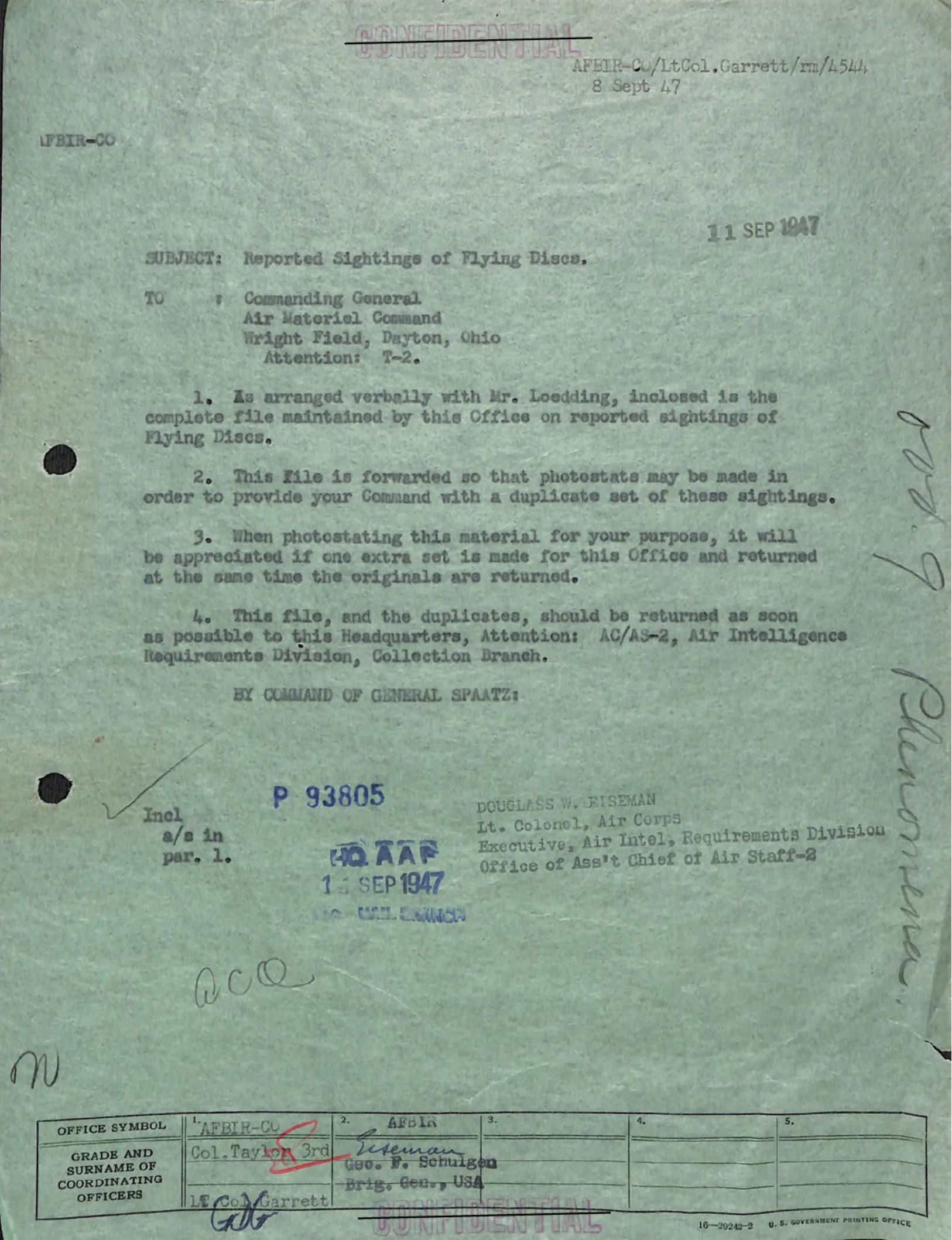 Rozkaz przekazania kompletnych akt obserwacji UFO - By Command of General Spaatz, 11 września 1947