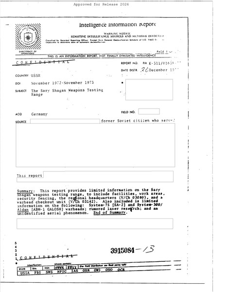 CIA — Raport wywiadu o ZSRR, poligon Sary Shagan, 1973