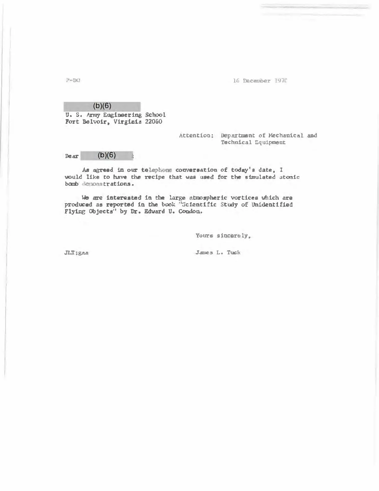 List Jamesa Tucka do Army Engineer School Fort Belvoir o wirach atmosferycznych