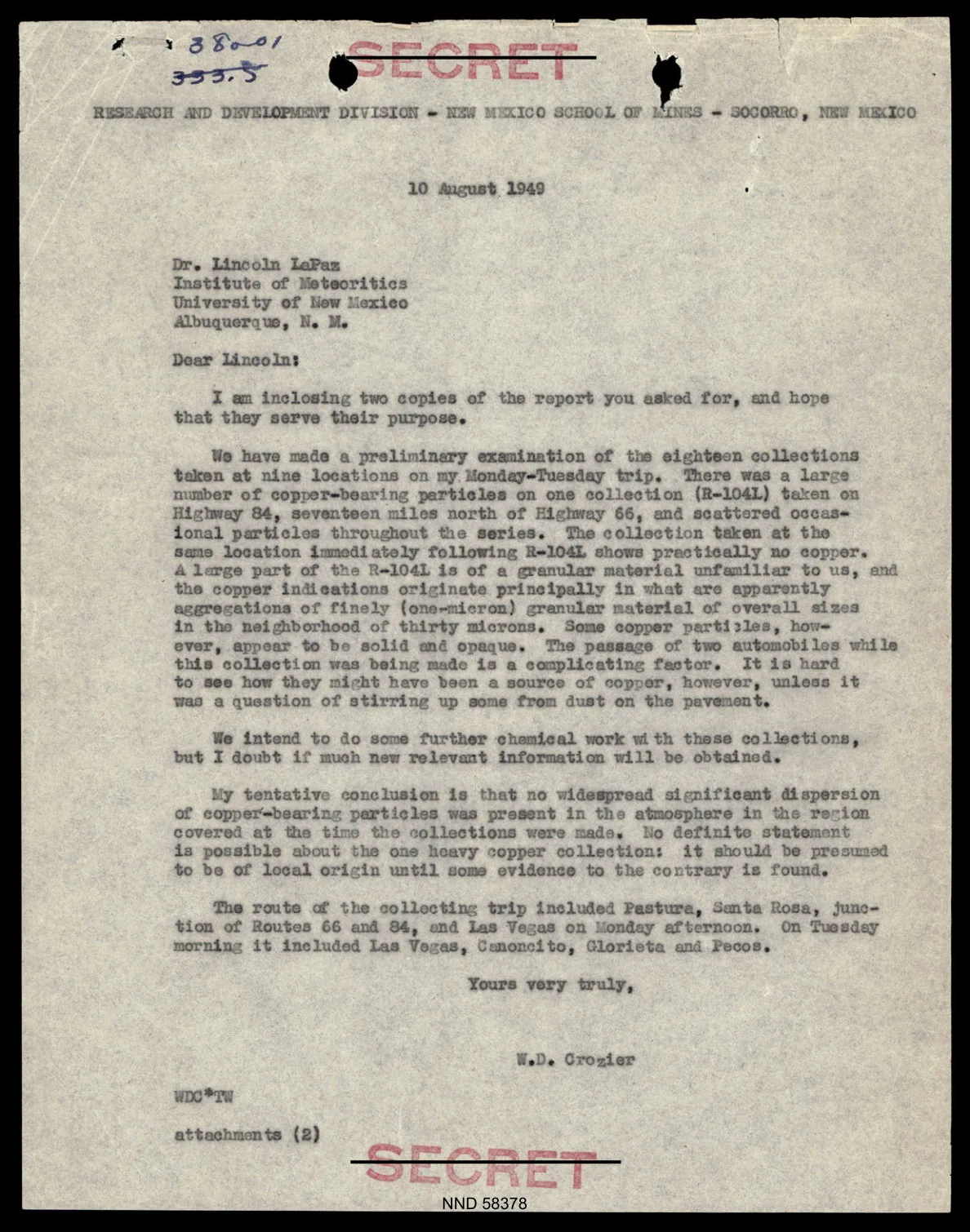 List do Dr. Lincolna z Institute of Meteoritics 10 sierpnia 1949