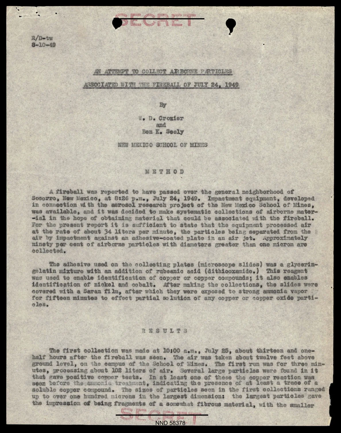 Raport Institute of Meteoritics o próbach złapania cząstek z kuli ognistej 24 lipca 1949