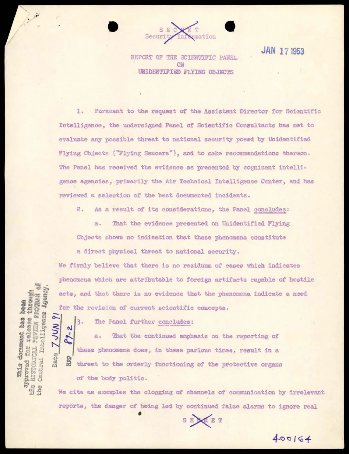 Pierwsza strona raportu panelu Robertsona z 17 stycznia 1953 roku z przekreśloną klauzulą SECRET