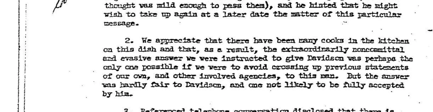 Fragment notatki CIA o wymijającej odpowiedzi udzielonej Davidsonowi