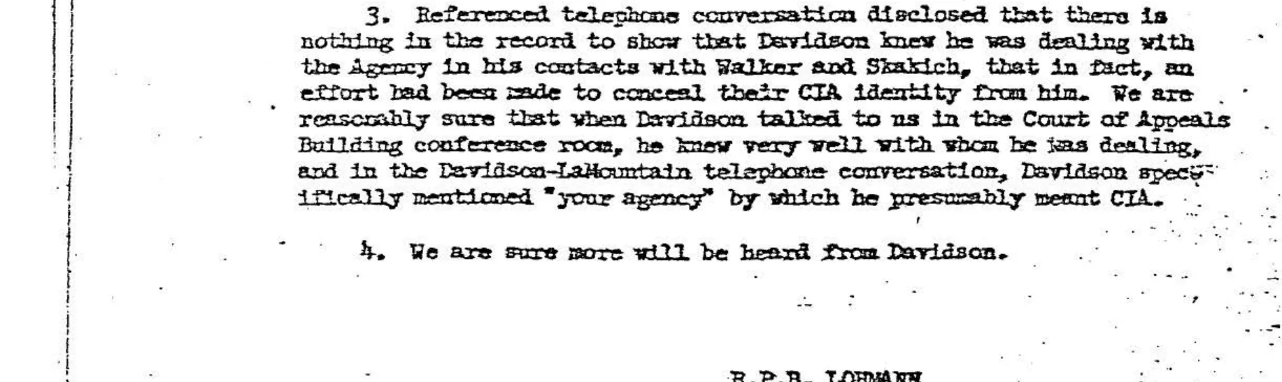 Fragment notatki CIA o ukrywaniu tożsamości funkcjonariuszy Walker i Skakich przed Davidsonem