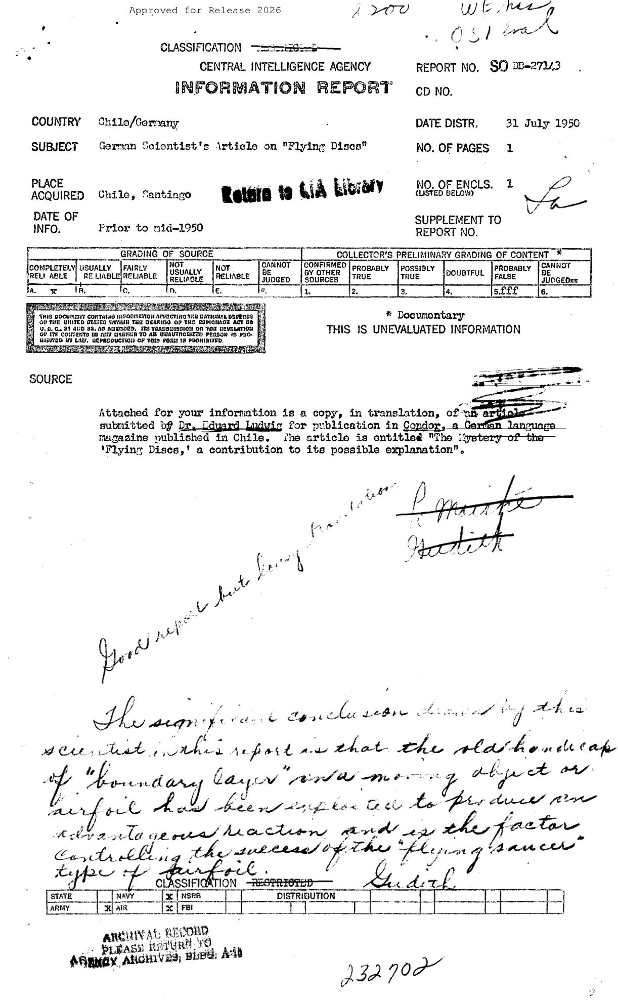 Strona tytułowa raportu CIA SO DB-27143 z 31 lipca 1950 z odręcznymi notatkami