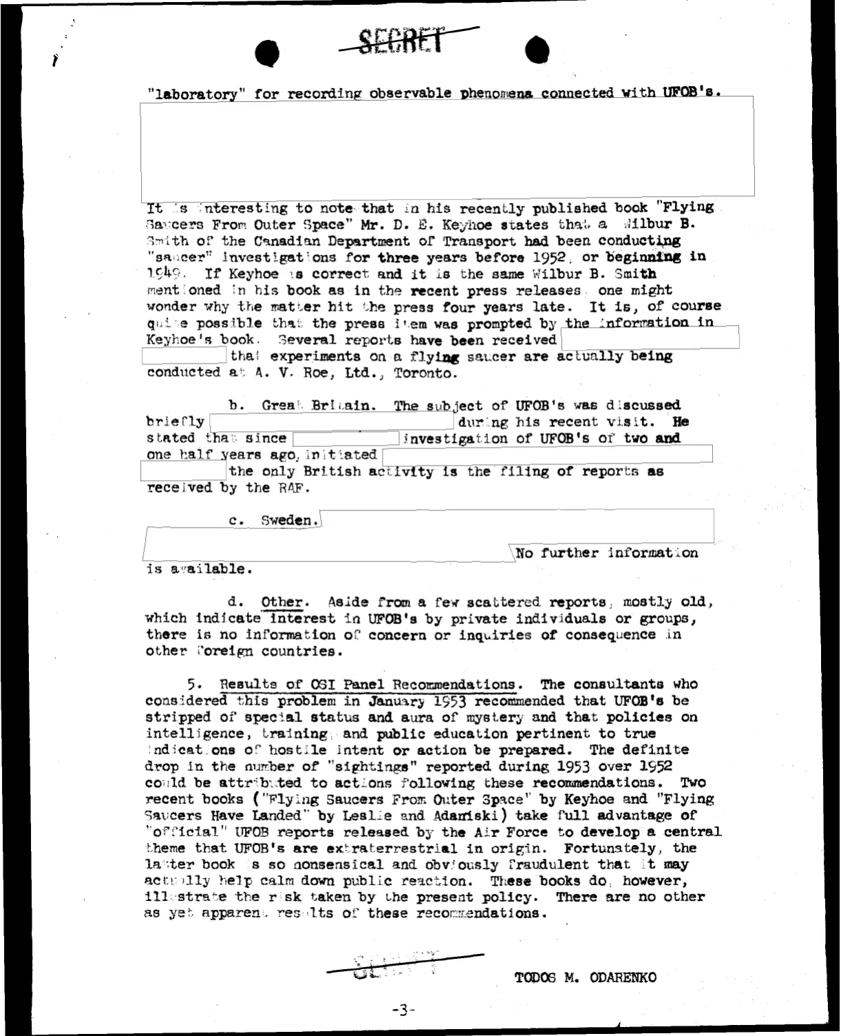 Strona 3 memorandum - sekcje o Kanadzie, Wielkiej Brytanii i Szwecji z zaczernieniami
