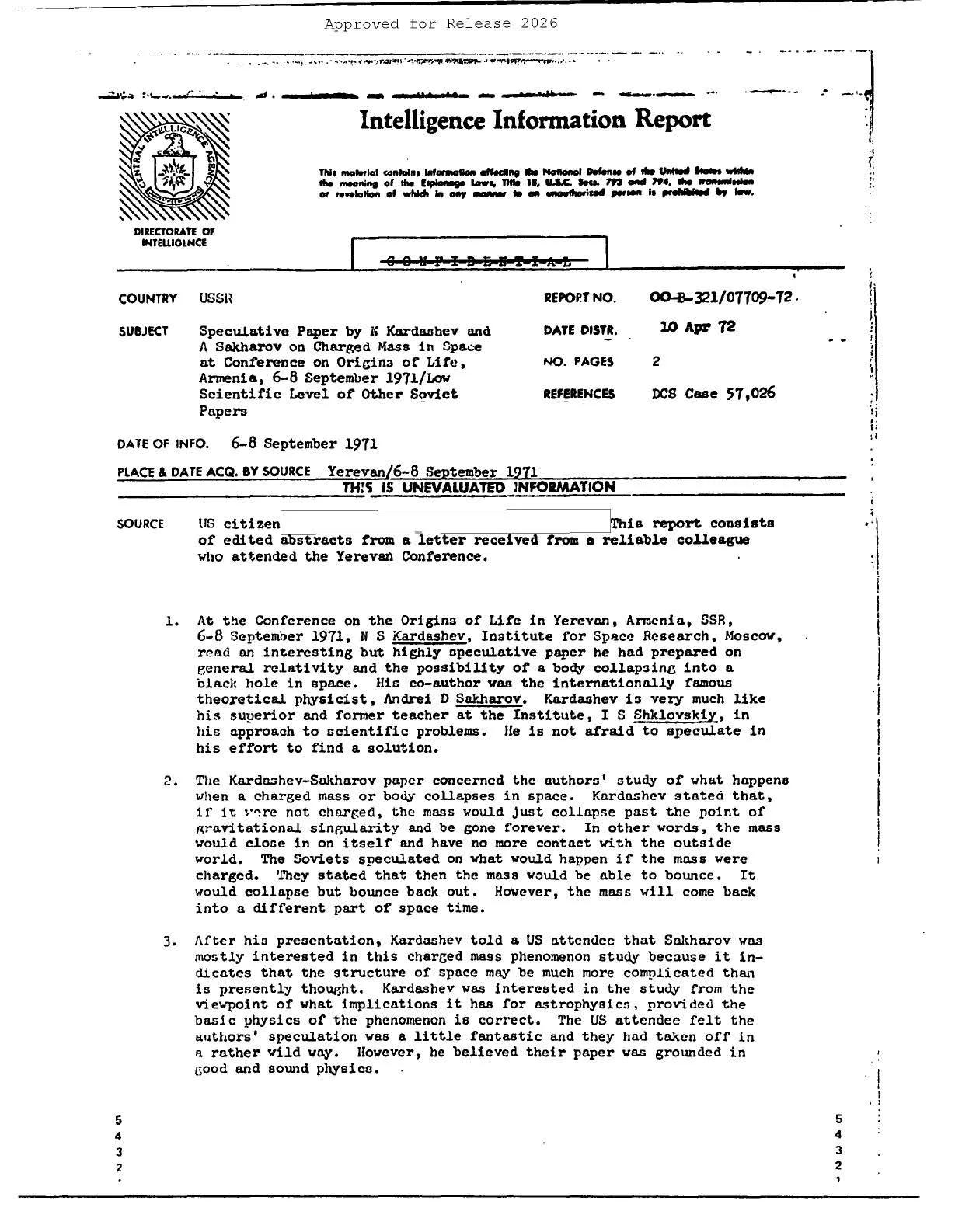 Pierwsza strona raportu CIA o pracy Kardaszewa i Sacharowa, 10 kwietnia 1972