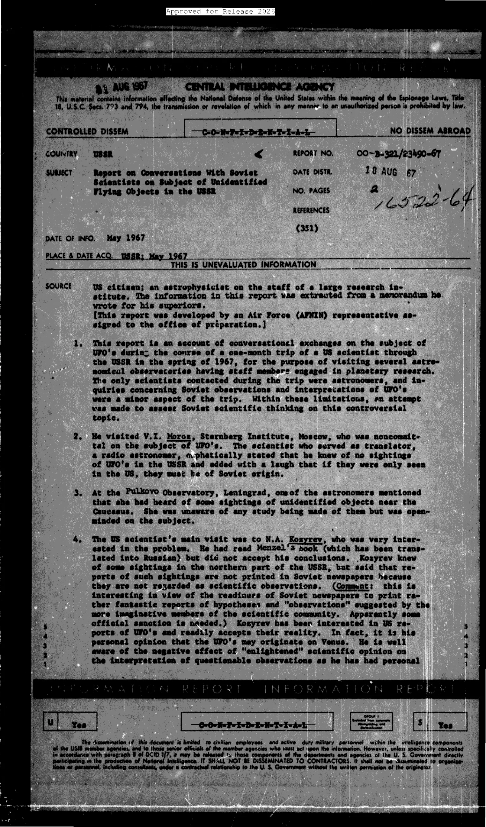 Pierwsza strona raportu CIA o rozmowach z radzieckimi naukowcami na temat UFO, sierpień 1967