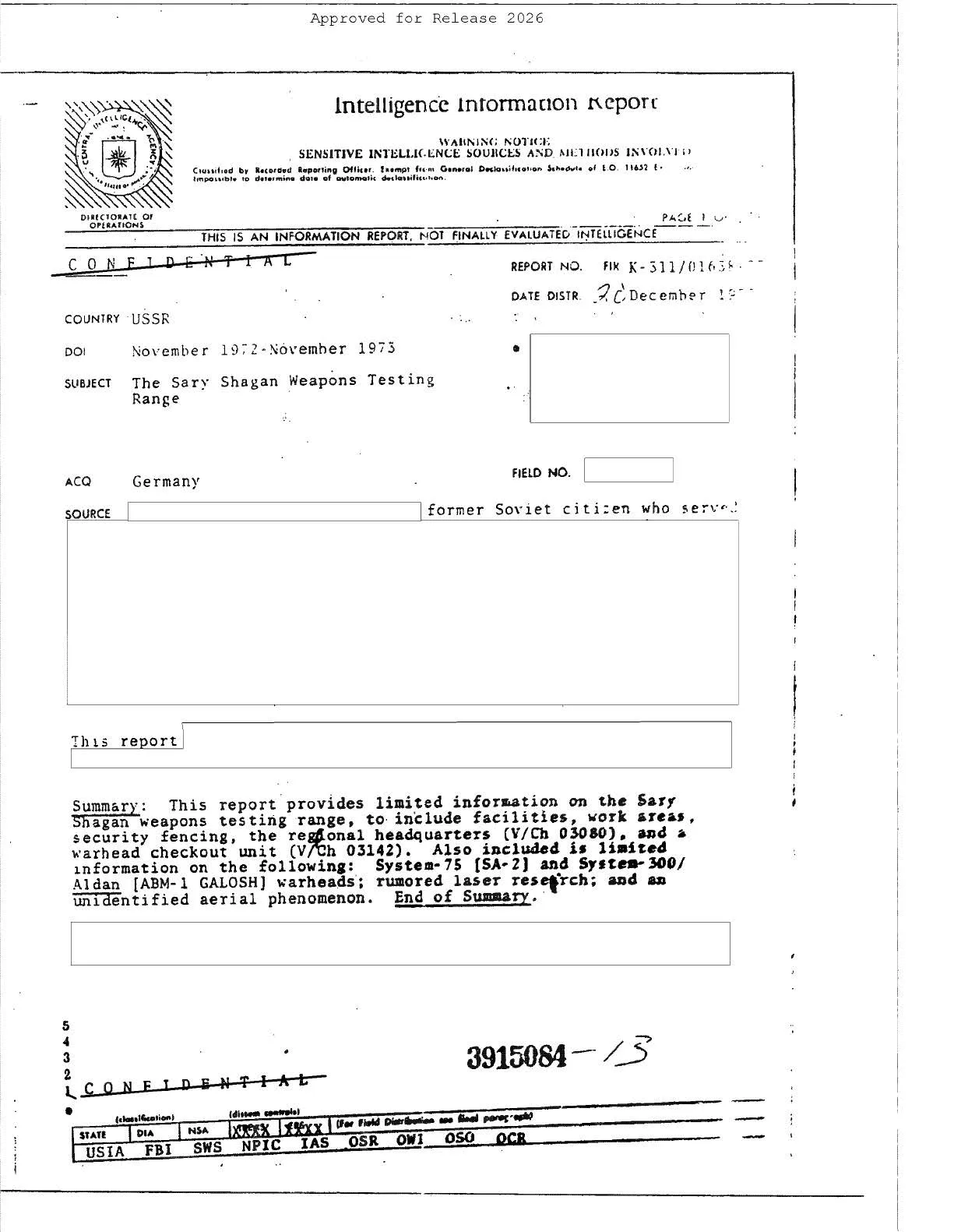Strona tytułowa raportu CIA o poligonie Sary Shagan z zaczernionym polem źródła