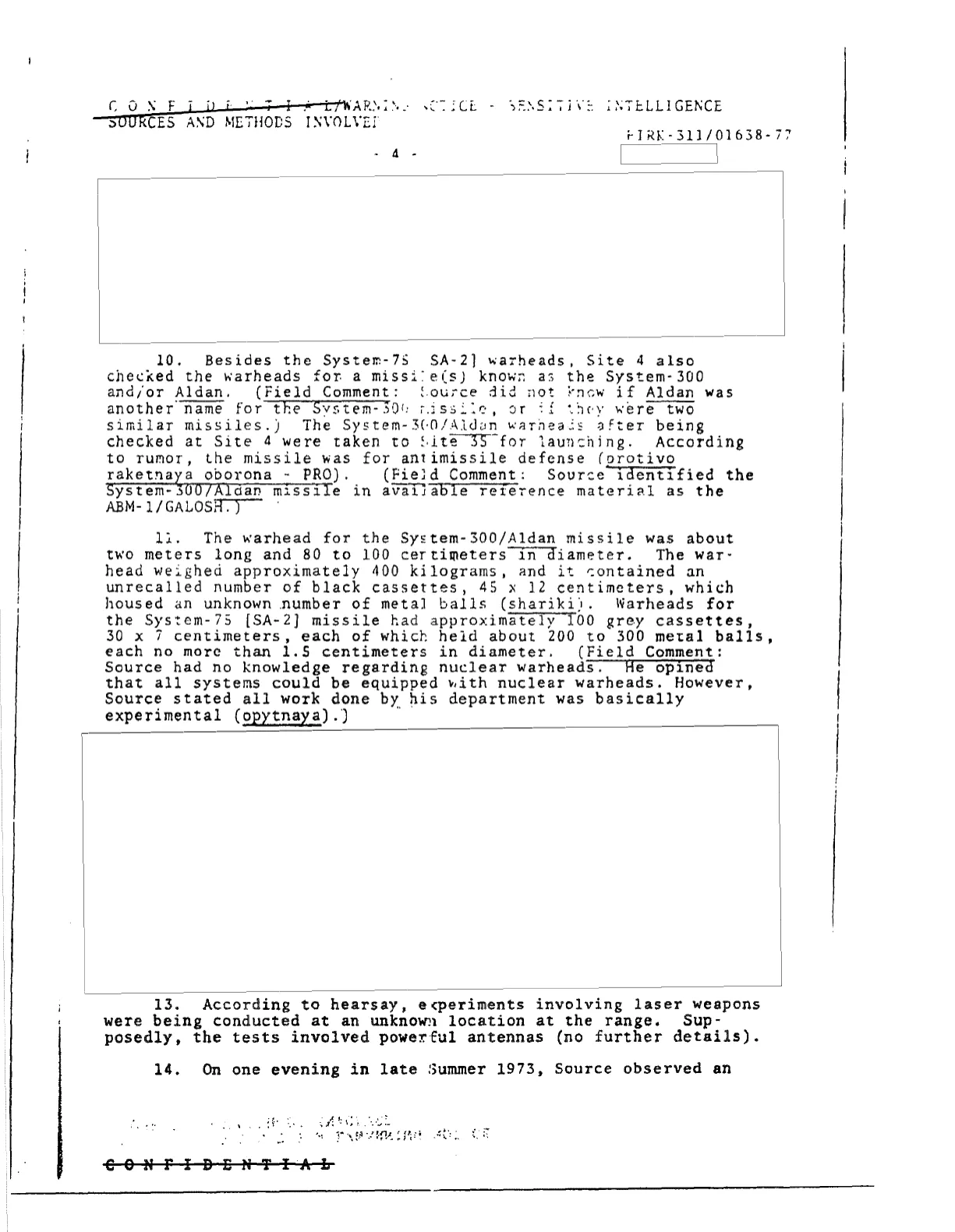 Strona 4 raportu CIA z opisem głowic System-300/Aldan i dużymi białymi polami redakcji