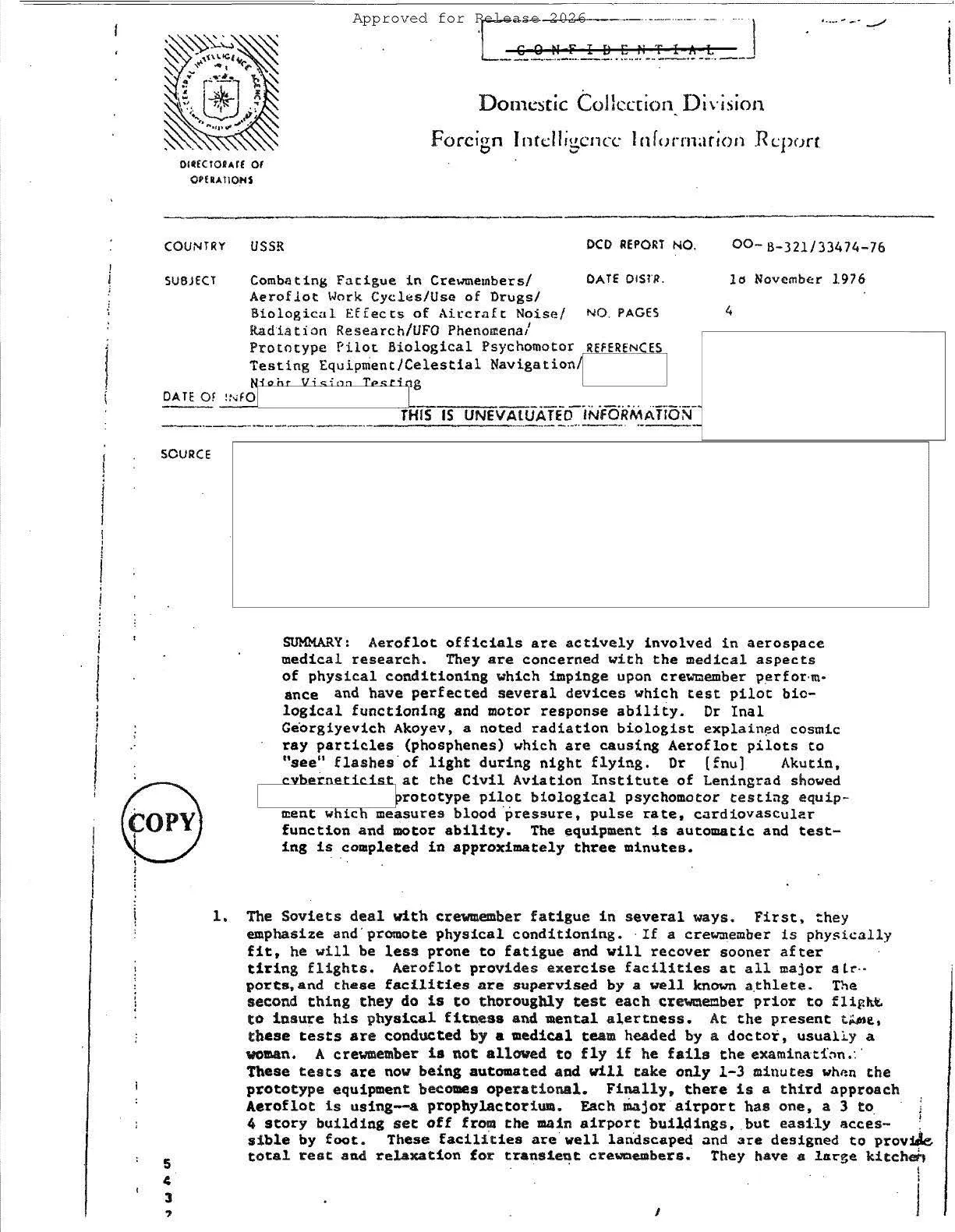 Okładka raportu CIA OO-B-321/33474-76 o zwalczaniu zmęczenia załóg Aerofłotu, z tematem UFO Phenomena w nagłówku