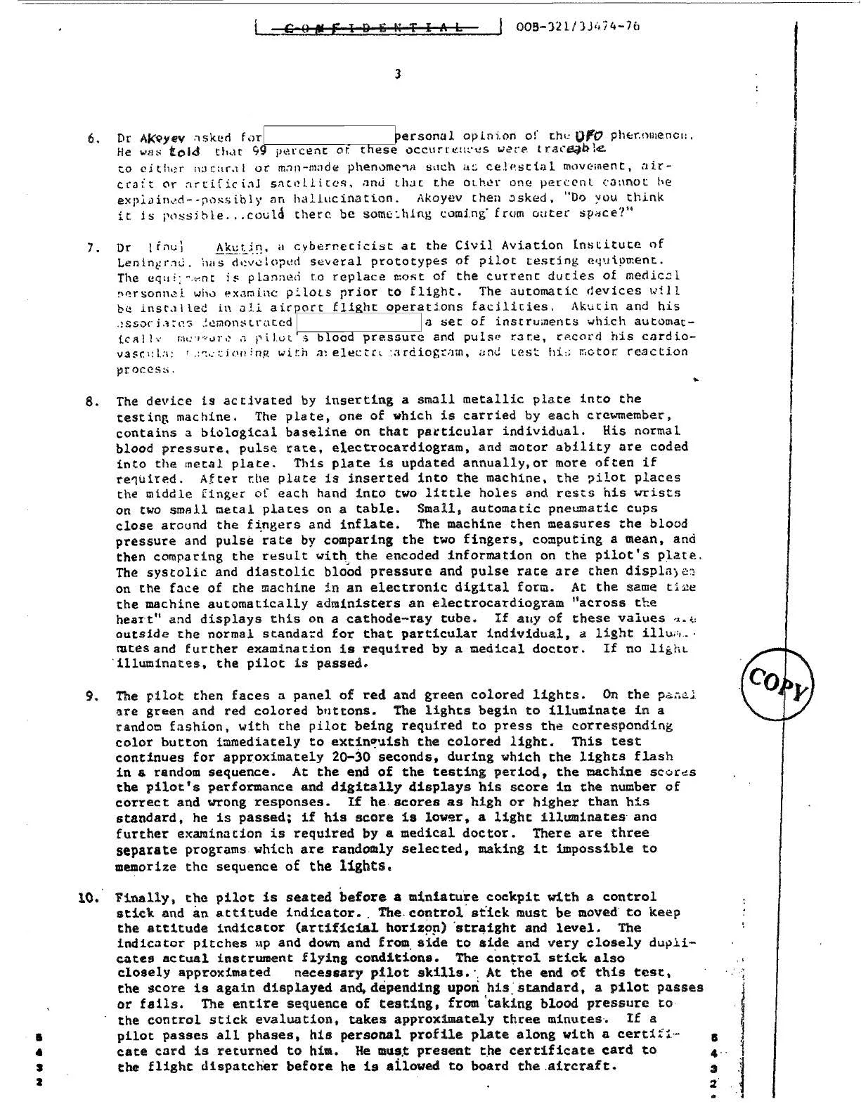 Strona 3 raportu CIA: pytanie Akojewa o UFO oraz opis automatycznego urządzenia testującego pilotów Aerofłotu