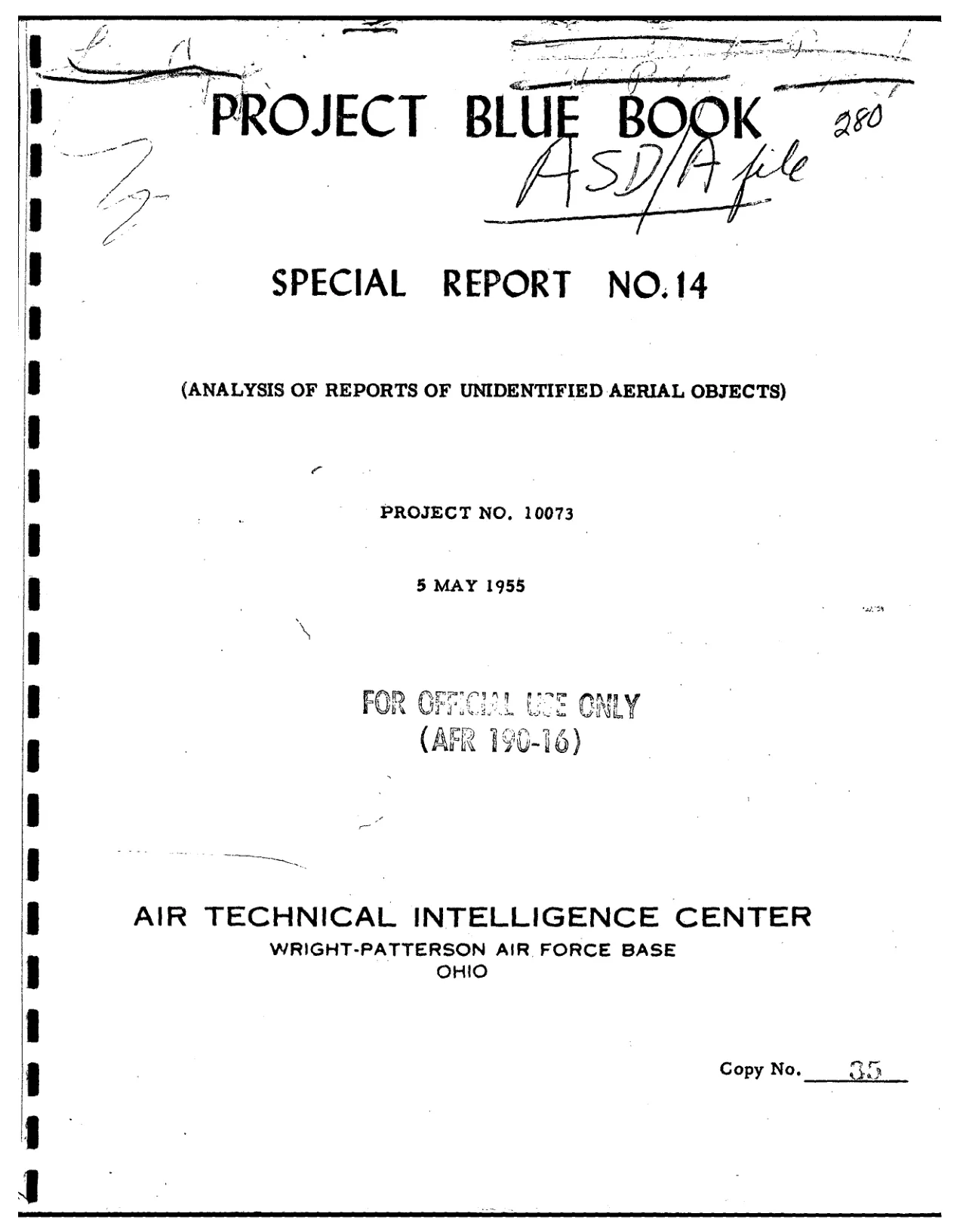 Strona tytułowa Project Blue Book Special Report No. 14 z 5 maja 1955