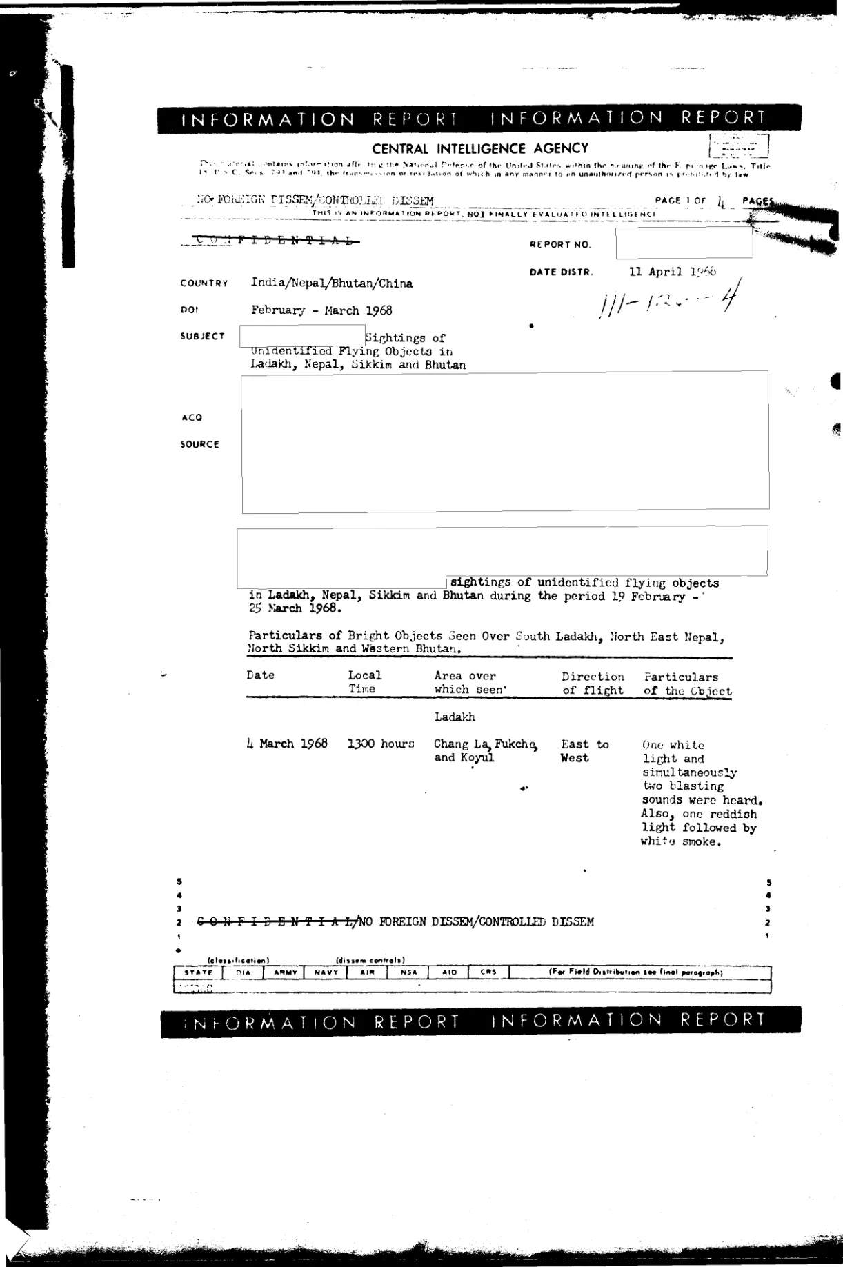 Strona tytułowa raportu informacyjnego CIA z 11 kwietnia 1968 o obserwacjach UFO nad Ladakhiem, Nepalem, Sikkimem i Bhutanem