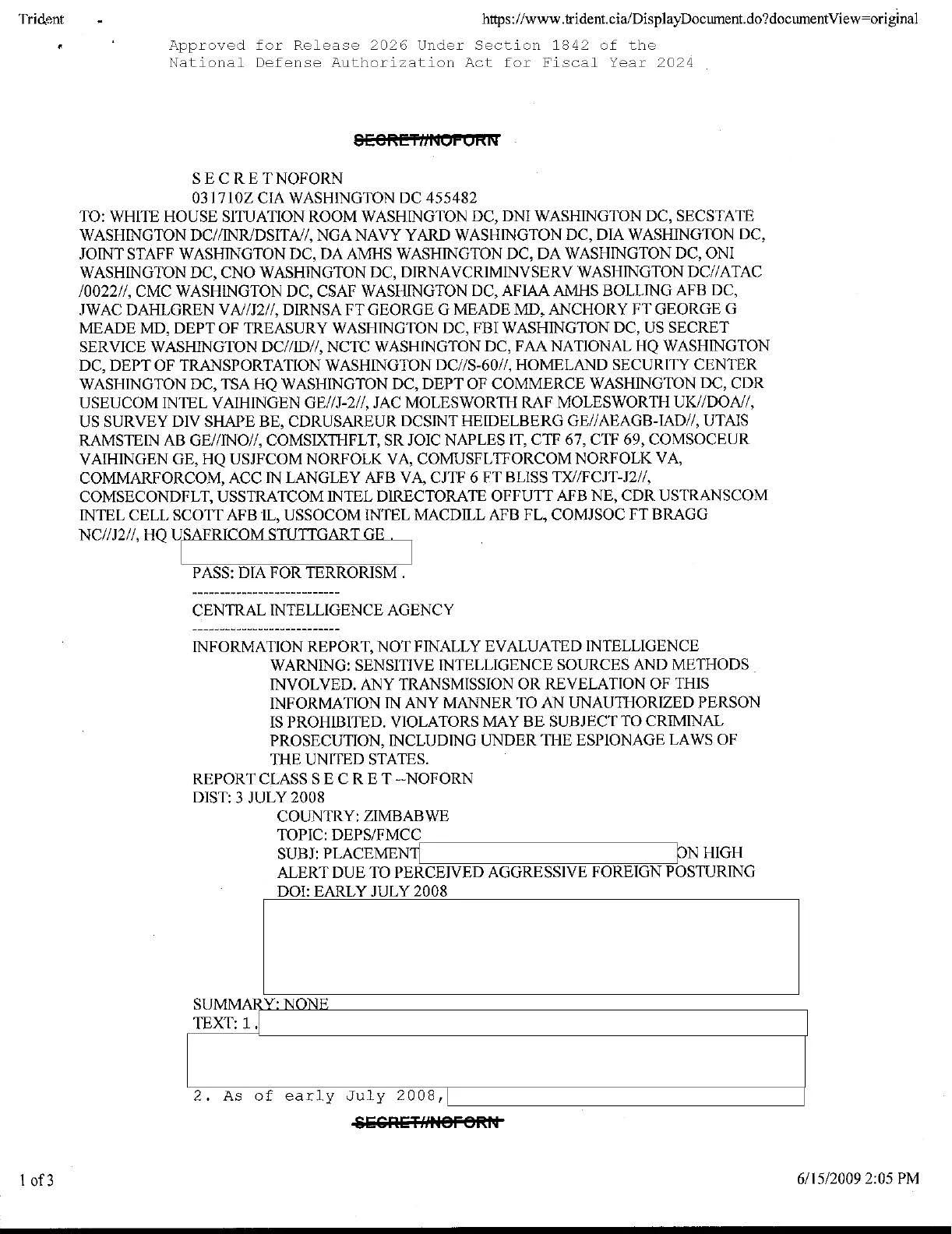 Strona 1 depeszy CIA z 3 lipca 2008 - nagłówek i lista kilkudziesięciu adresatów