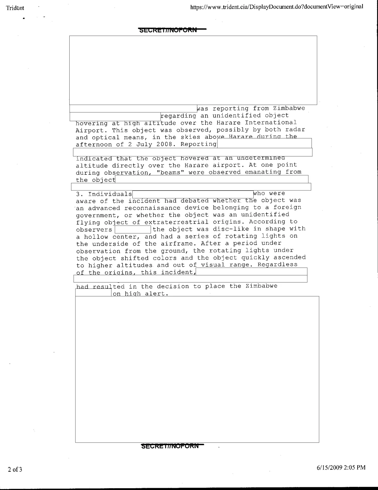 Strona 2 depeszy CIA - opis dyskoidalnego obiektu nad lotniskiem w Harare, z zaczernieniami