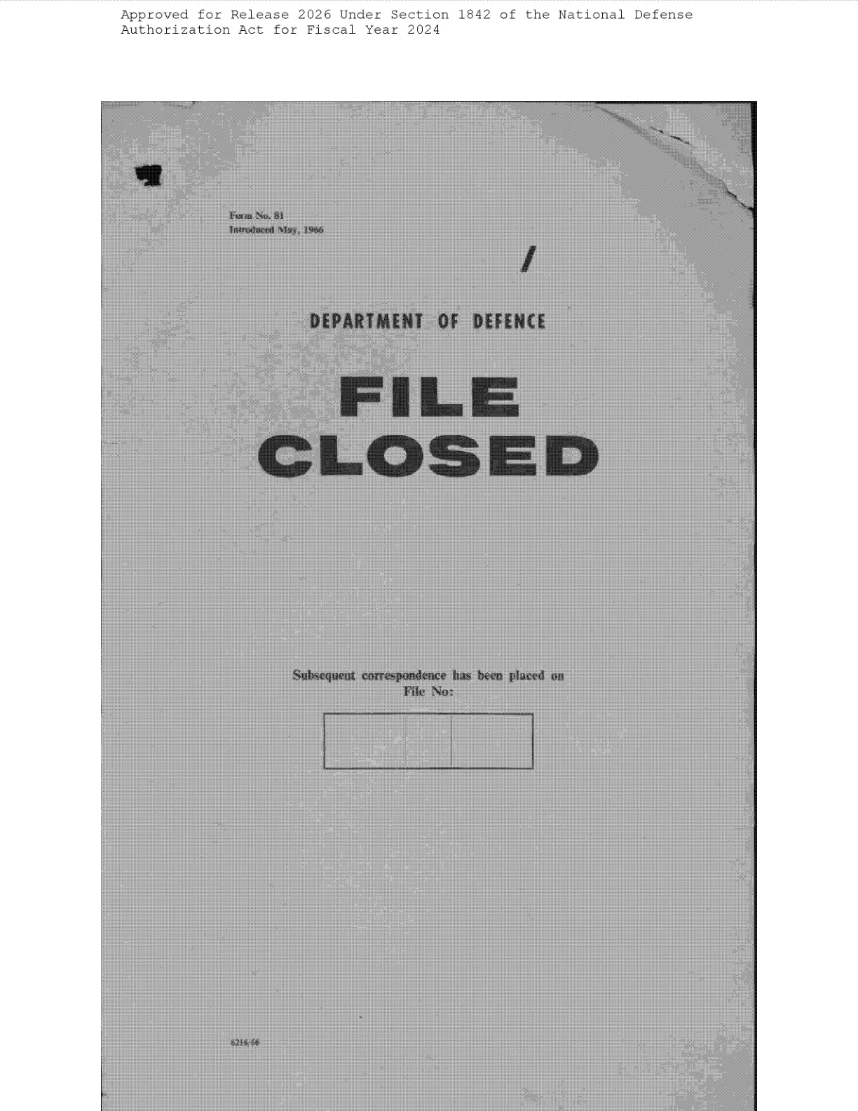 Okładka teczki FILE CLOSED australijskiego Departamentu Obrony