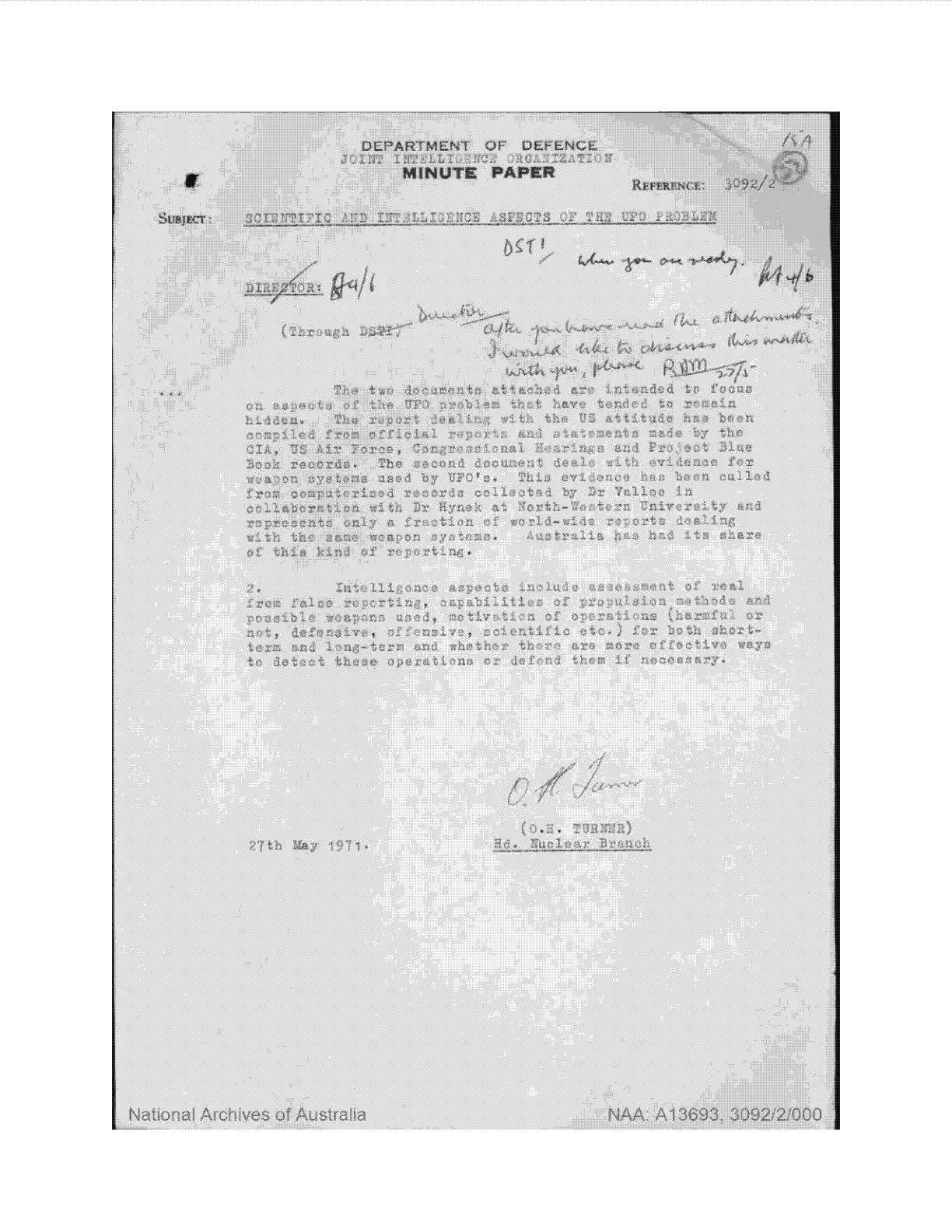 Notatka służbowa JIO z 27 maja 1971 podpisana przez O.H. Turnera