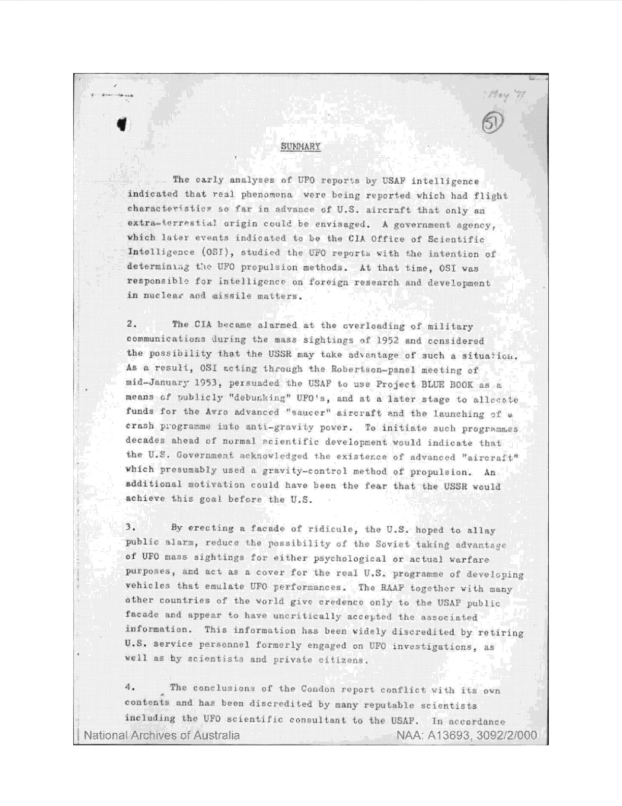 Strona podsumowania australijskiego opracowania o UFO