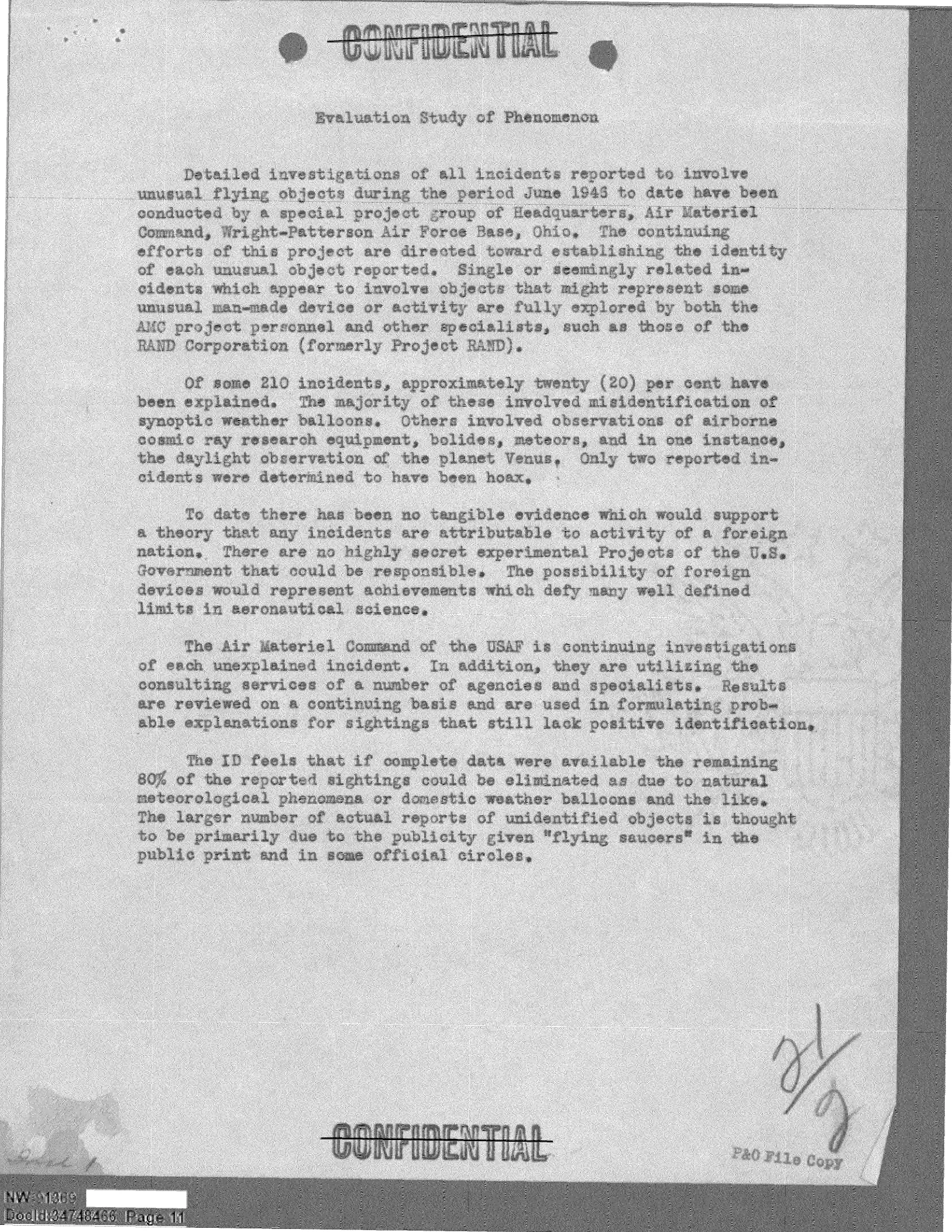 Evaluation Study of Phenomenon - jednostronicowe studium wywiadu o latających spodkach z marca 1949 r.