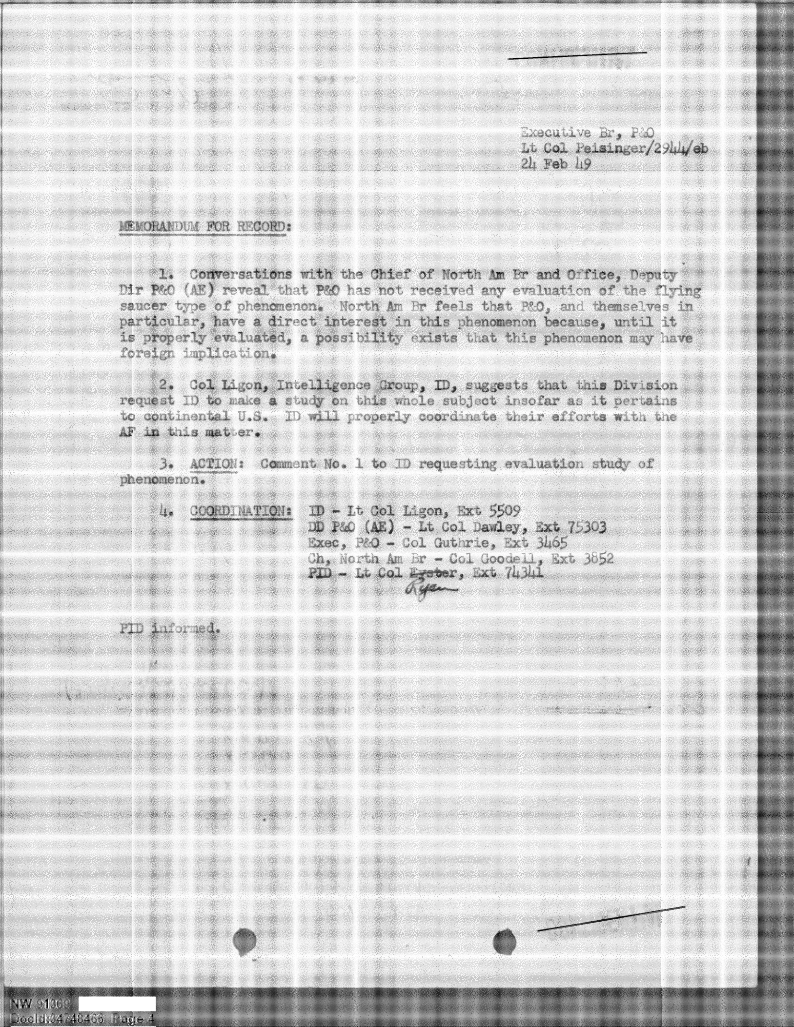 Notatka służbowa P&O z 24 lutego 1949 r. o braku oceny zjawiska latających spodków