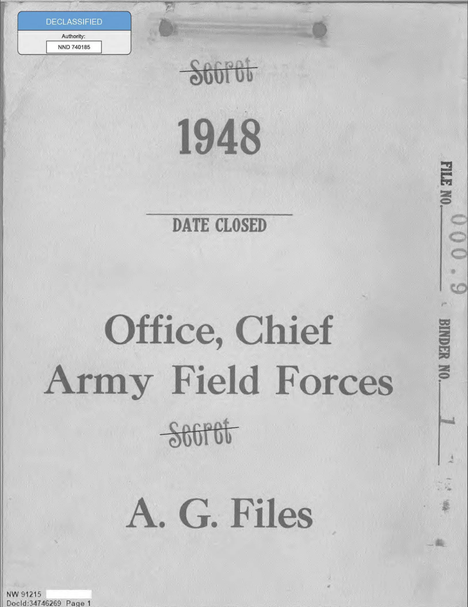 Okładka teczki Office, Chief Army Field Forces z 1948 r. z przekreśloną klauzulą Secret