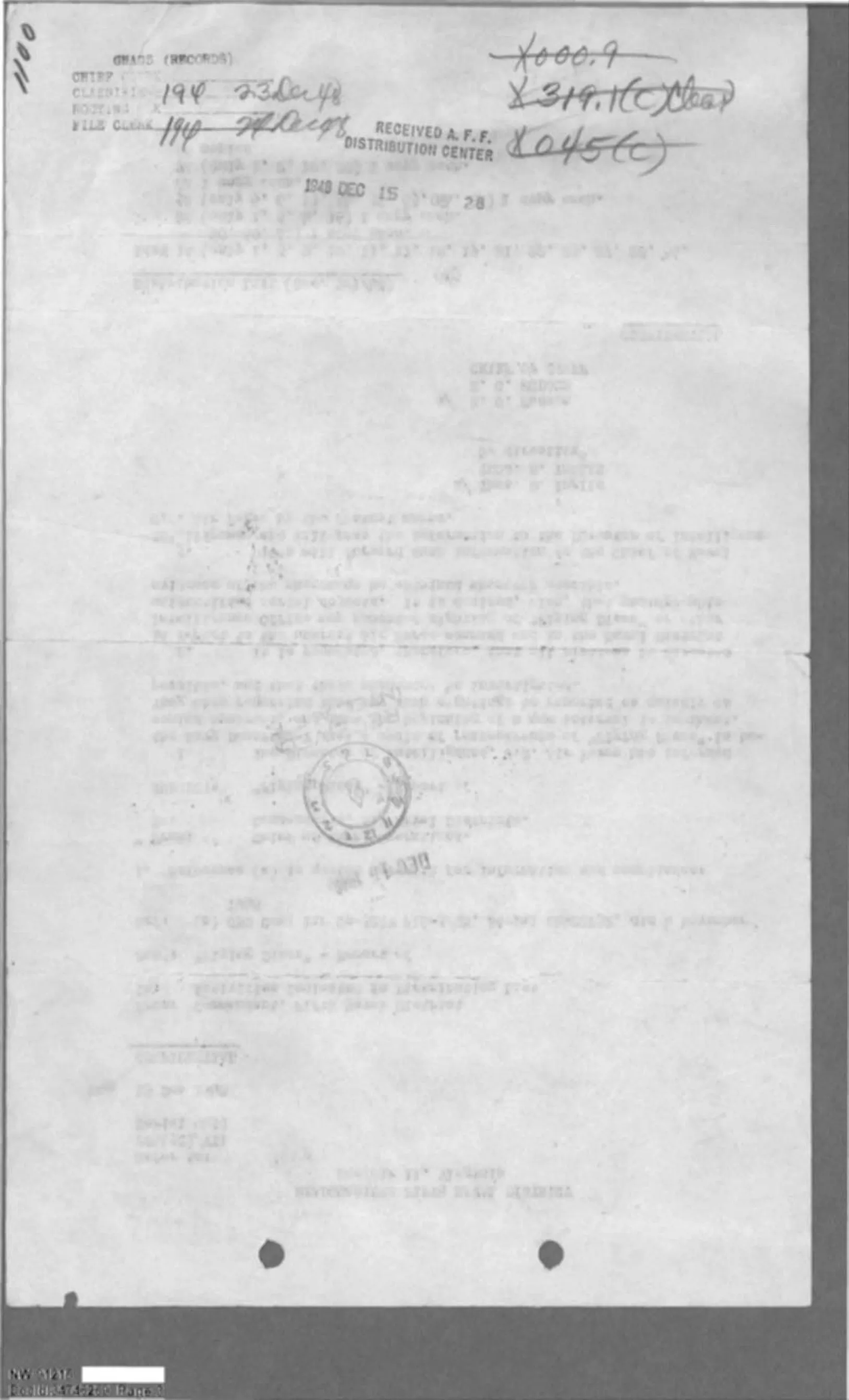 Rewers pisma ze stemplem wpływu A.F.F. Distribution Center z 15 grudnia 1948 r.