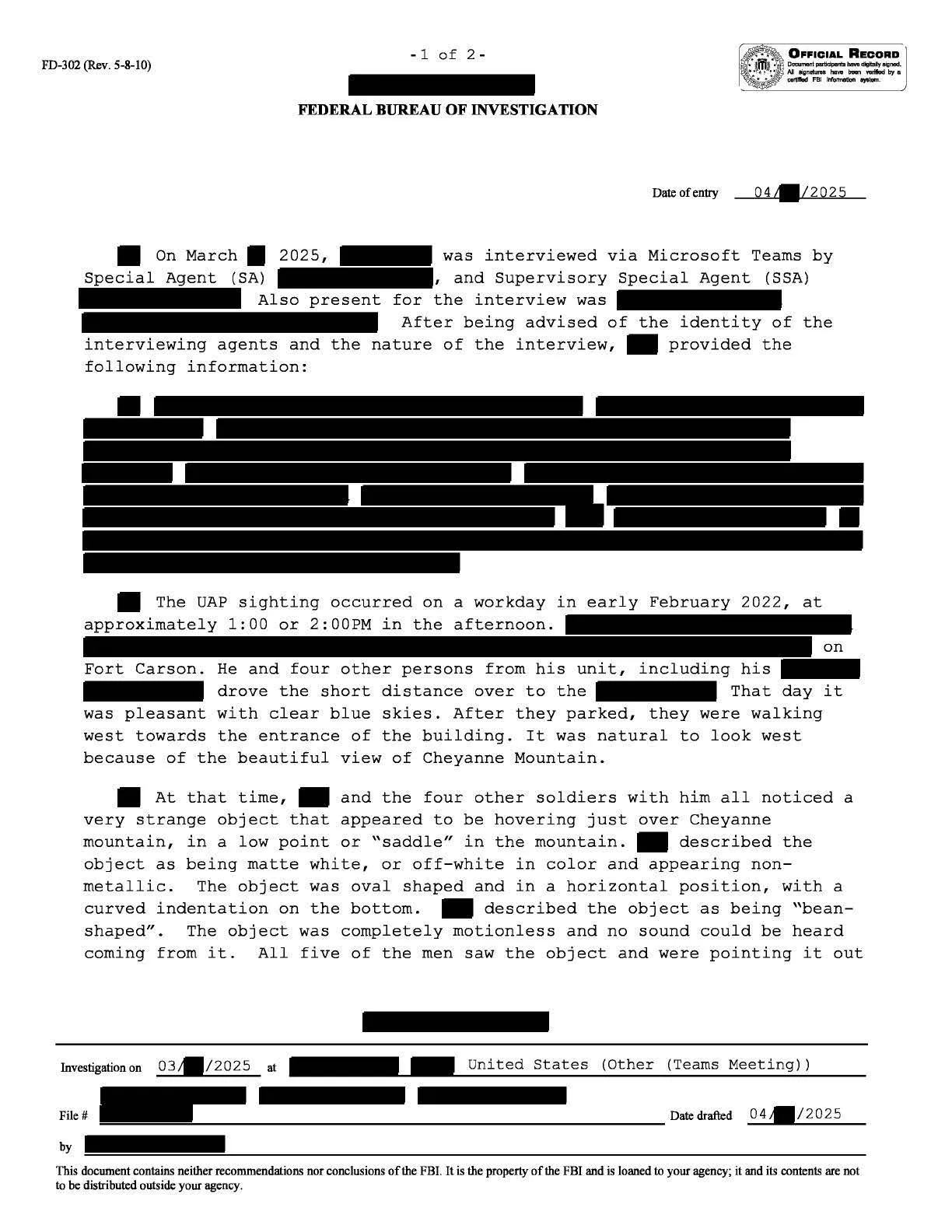 Pierwsza strona protokołu FD-302 FBI w sprawie obserwacji UAP nad Cheyenne Mountain