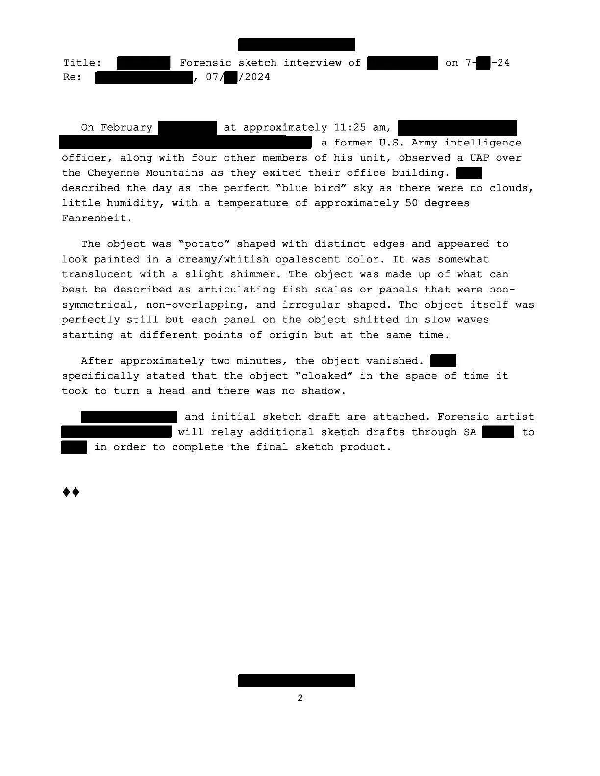 Druga strona notatki FD-1057 FBI z opisem obiektu podczas sesji z rysownikiem sądowym