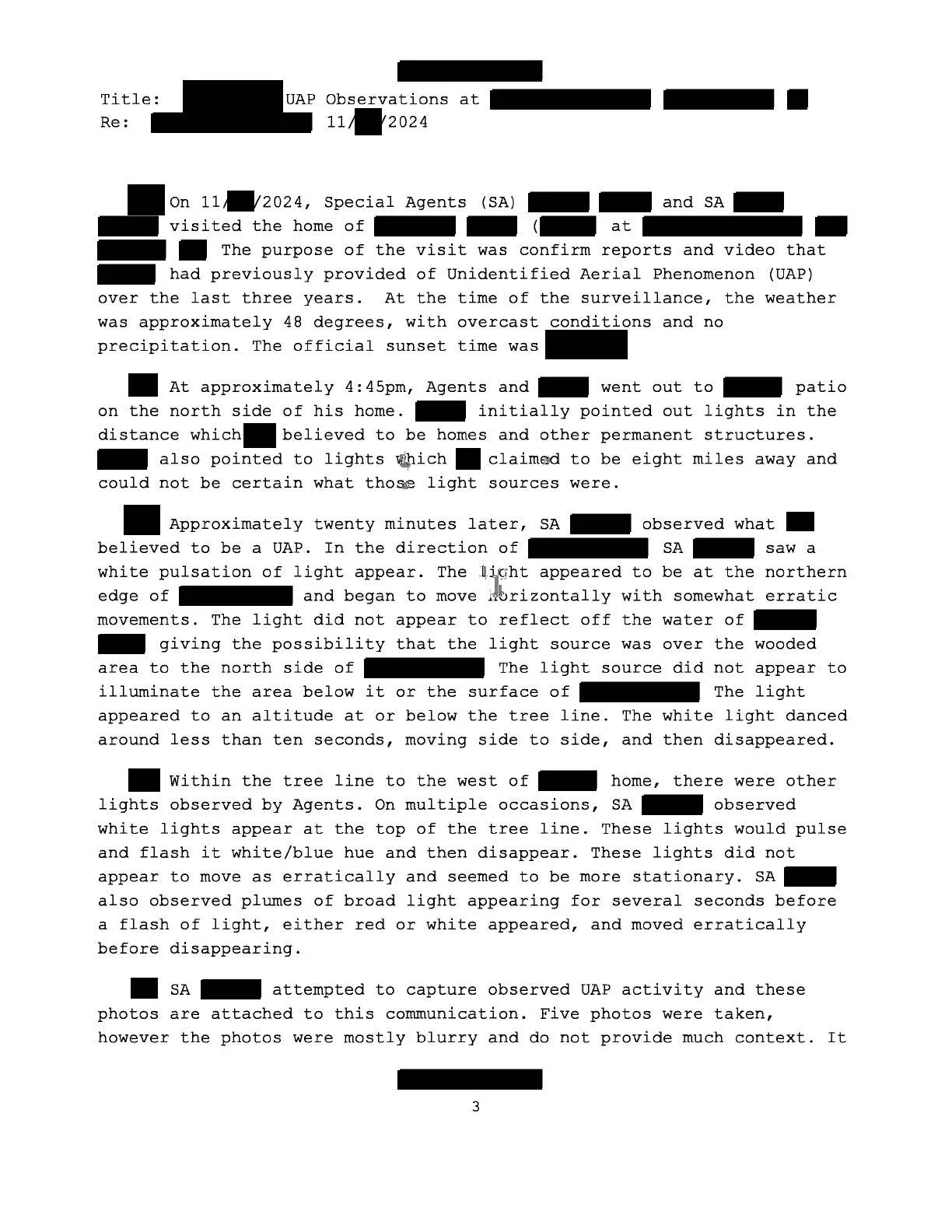 Trzecia strona notatki FD-1057-06 z opisem obserwacji pulsującego białego światła przez agentów specjalnych FBI