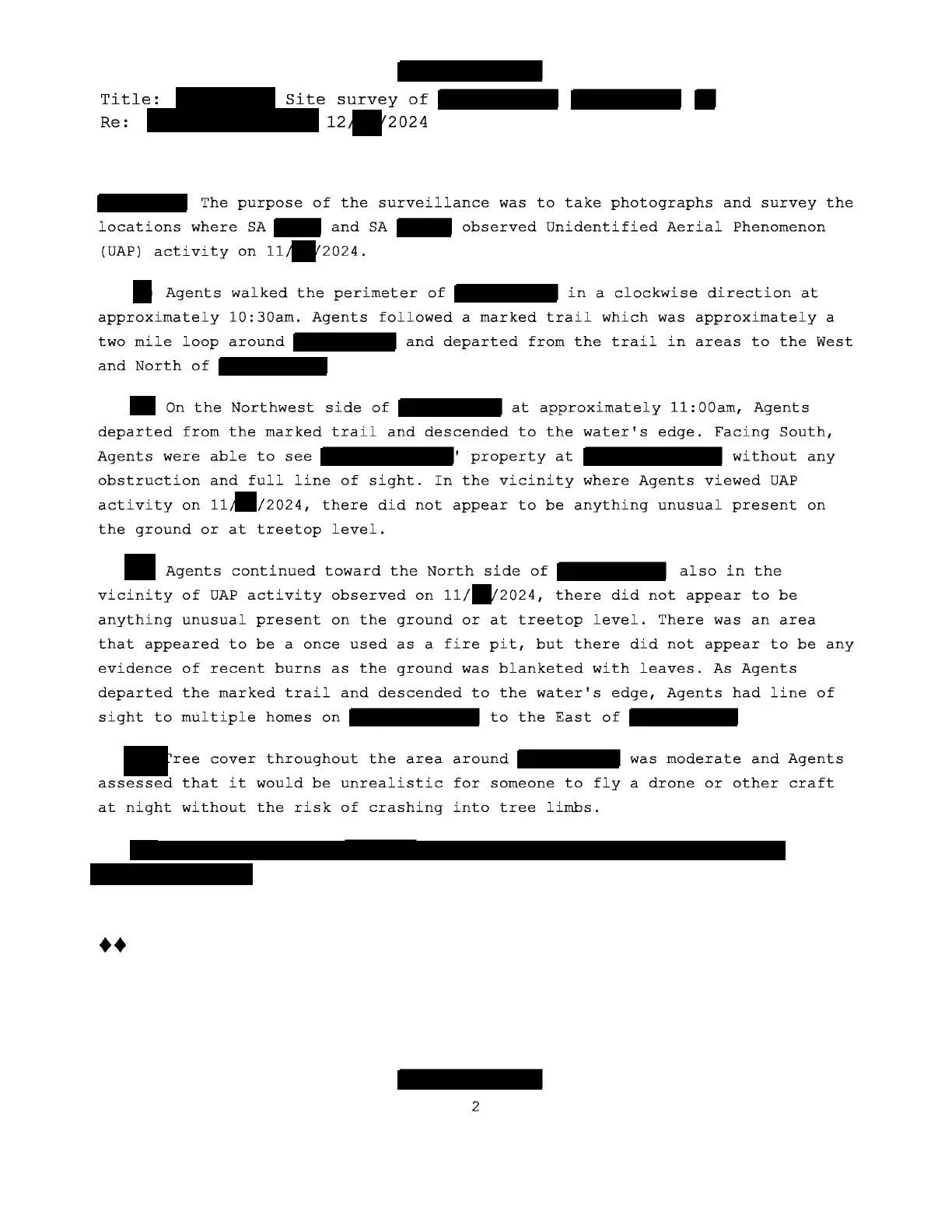 Druga strona notatki FD-1057-07 z grudnia 2024 r. z oceną agentów, że nocny lot drona w tym terenie byłby nierealistyczny