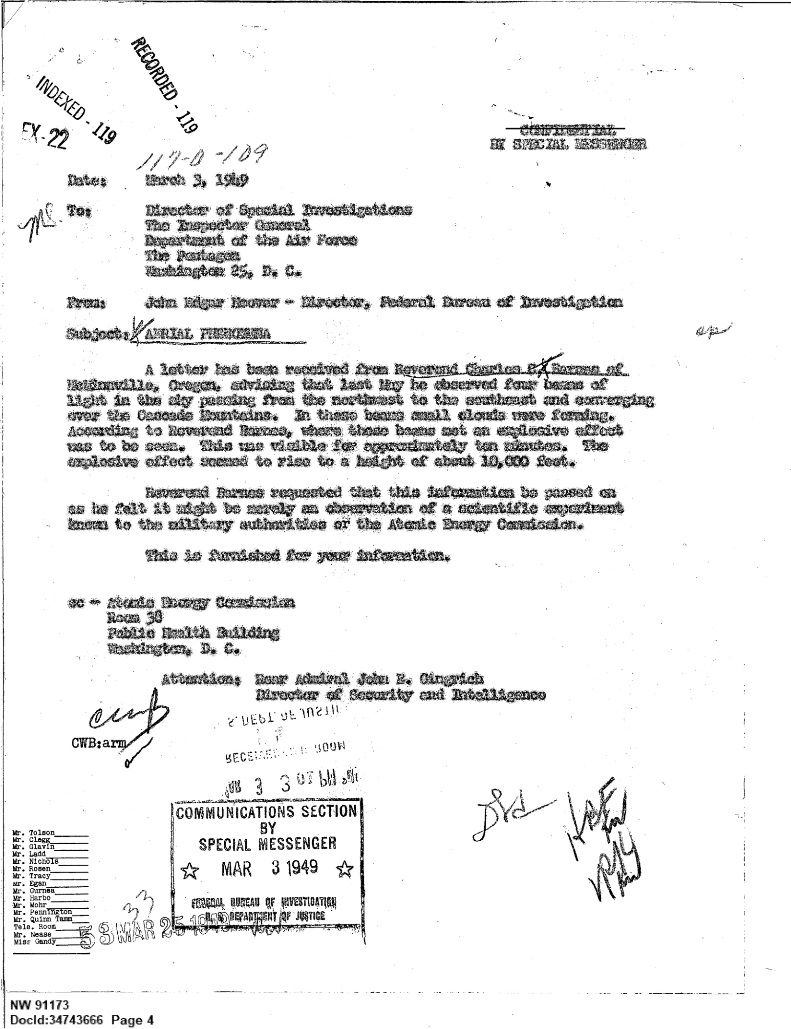 Poufne memorandum FBI „Aerial Phenomena” do Departamentu Sił Powietrznych i Komisji Energii Atomowej, 3 marca 1949
