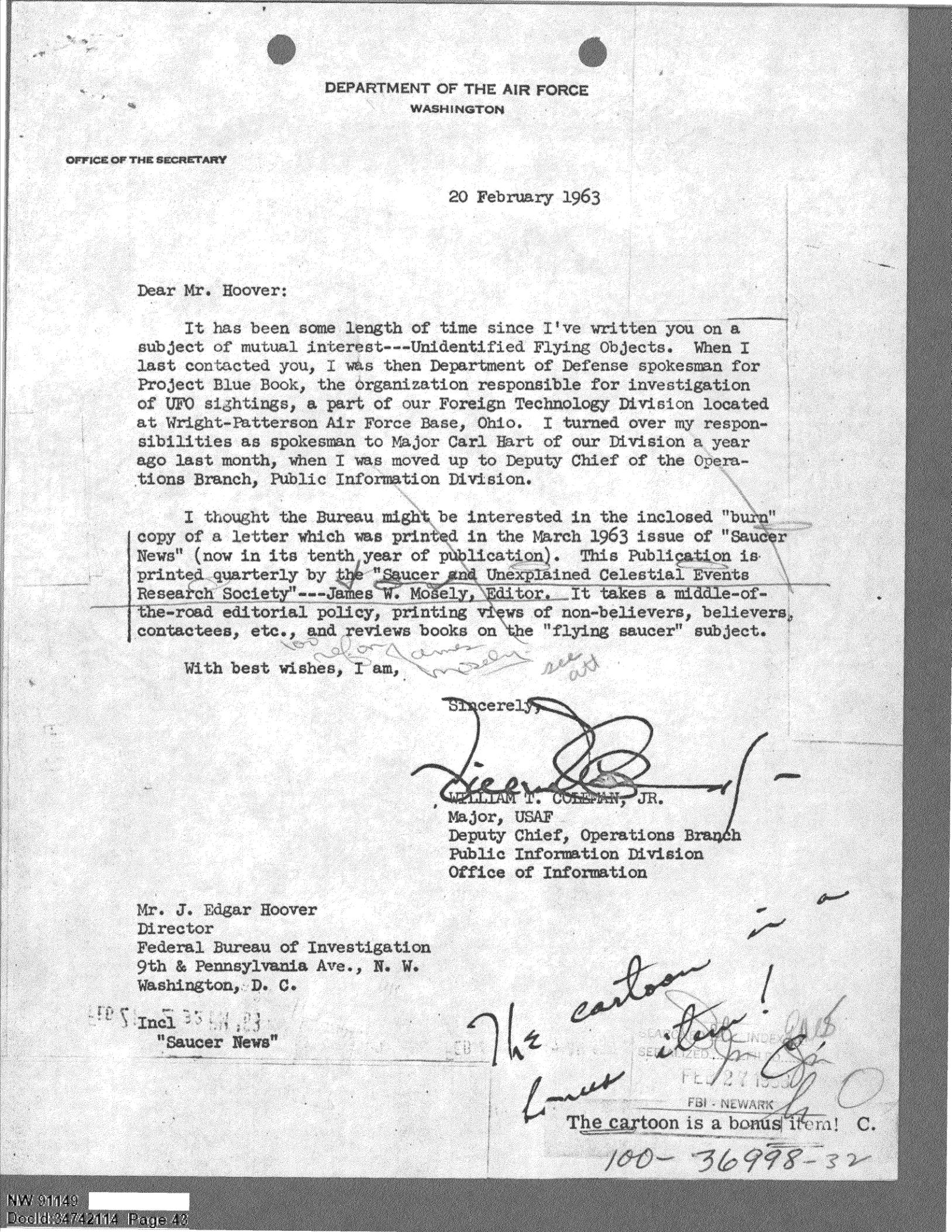 List majora USAF do J. Edgara Hoovera z lutego 1963