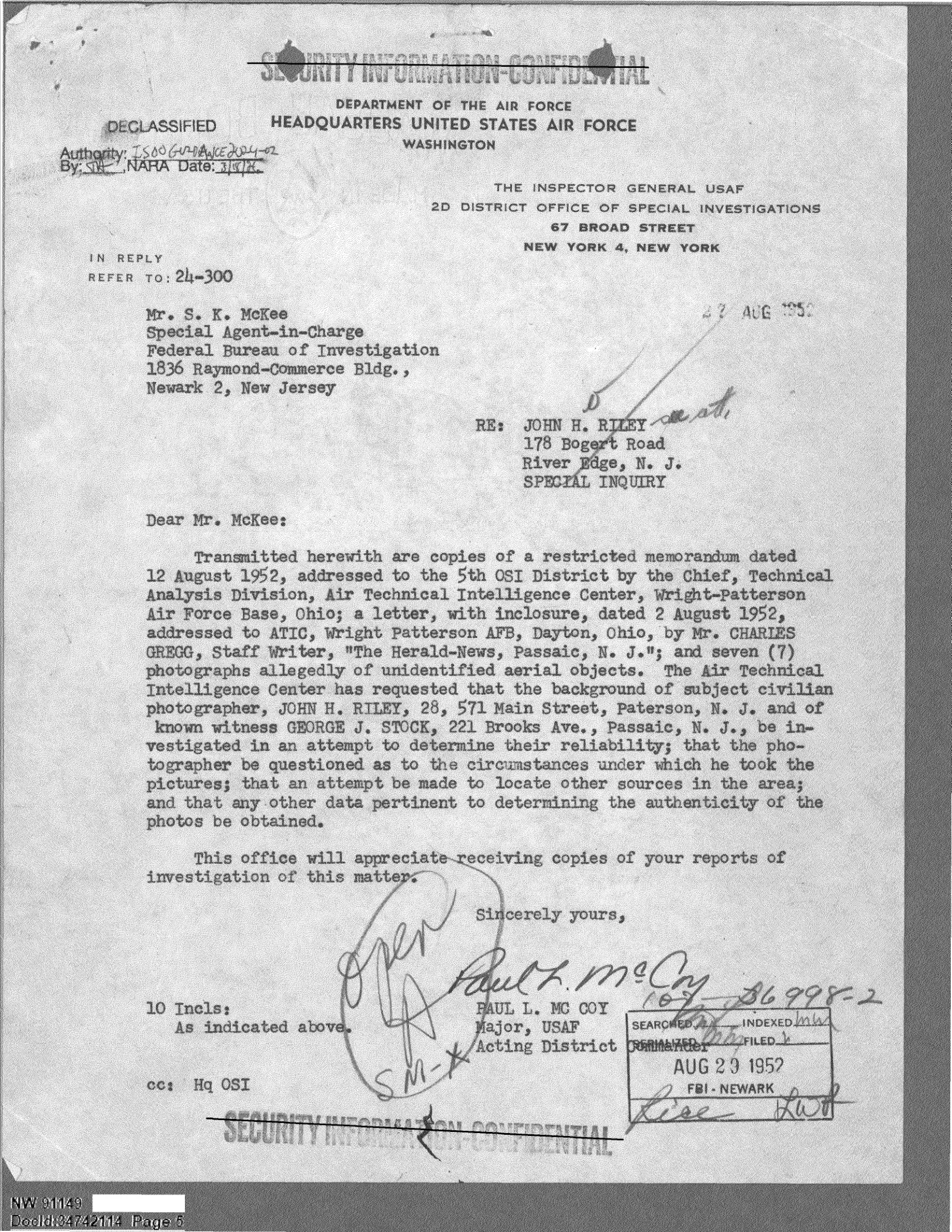List OSI do FBI Newark w sprawie fotografii z Passaic, sierpień 1952